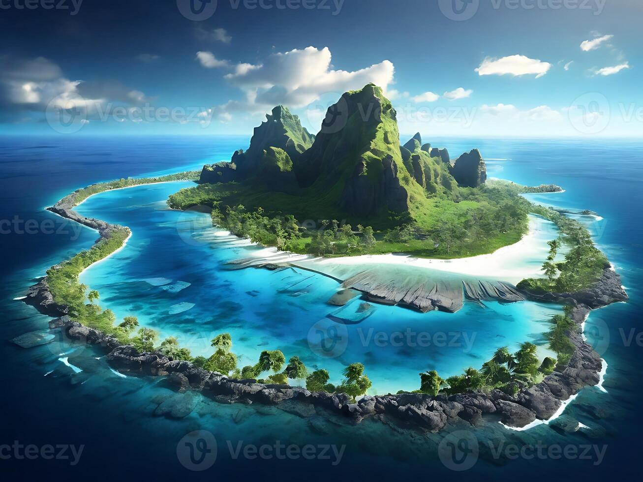 tropical island with glowing lagoons beautiful composition, super sharp, crisp, clear, true to life photo