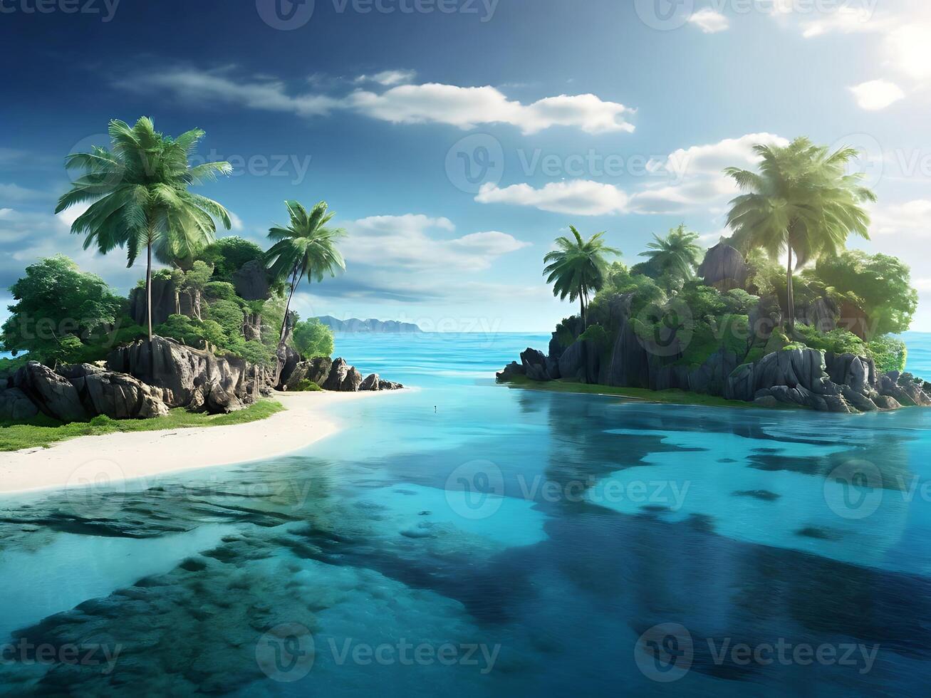 tropical island with glowing lagoons beautiful composition, super sharp, crisp, clear, true to life photo