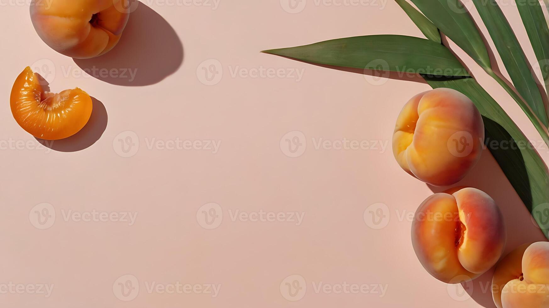 Apricot fruit with palm leaves shadow on a pastel pink background. Summer aesthetic concept. photo