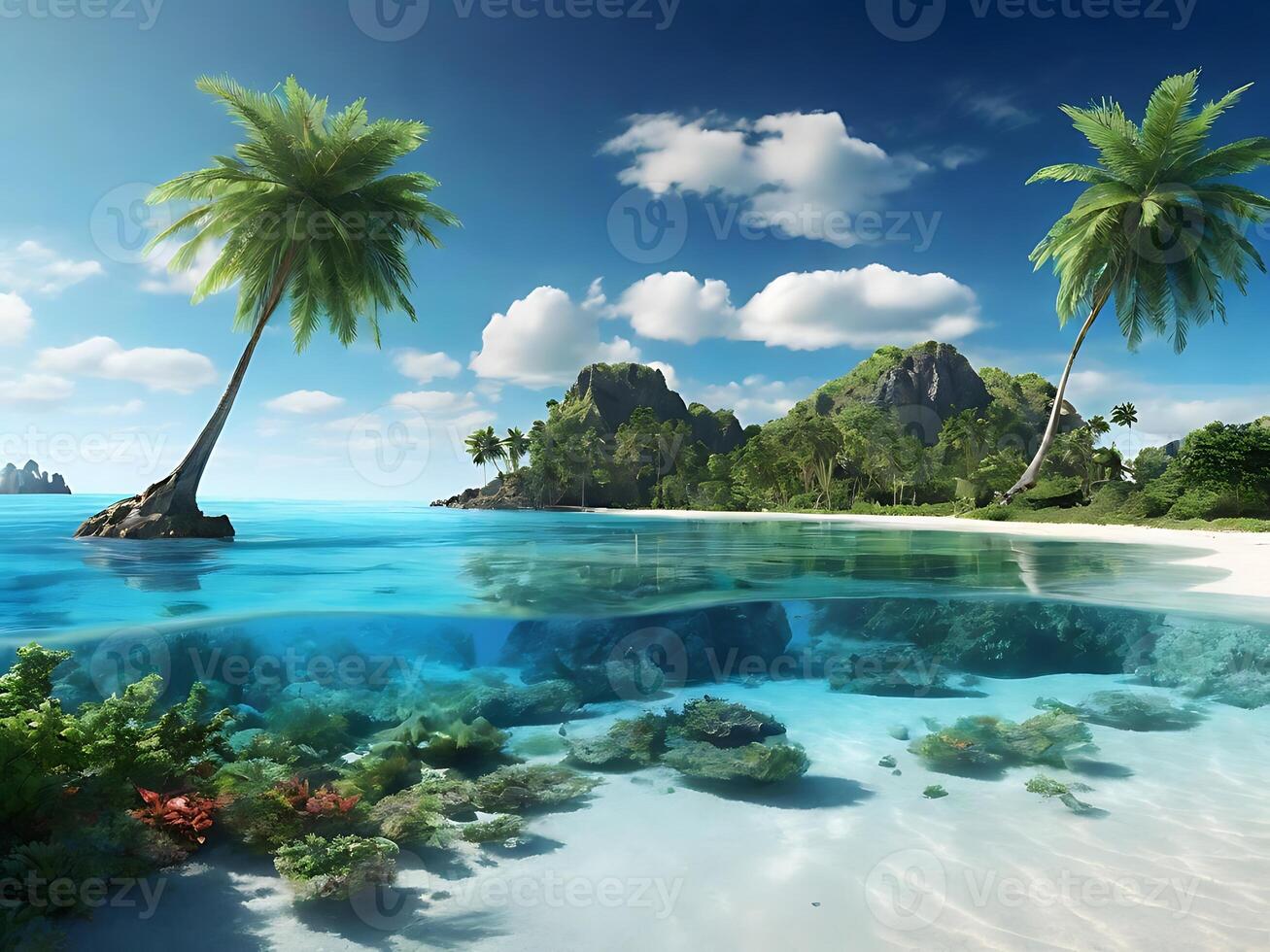 tropical island with glowing lagoons beautiful composition, super sharp, crisp, clear, true to life photo