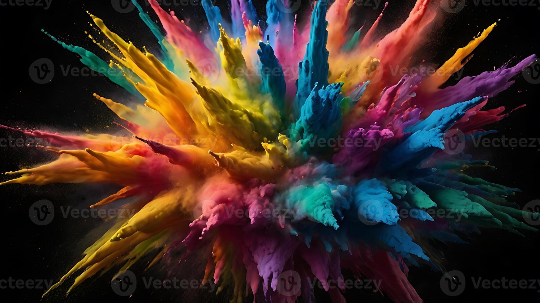 ultra hd 8k multi sharp rainbow color powder splashes on black background in spot light from both photo