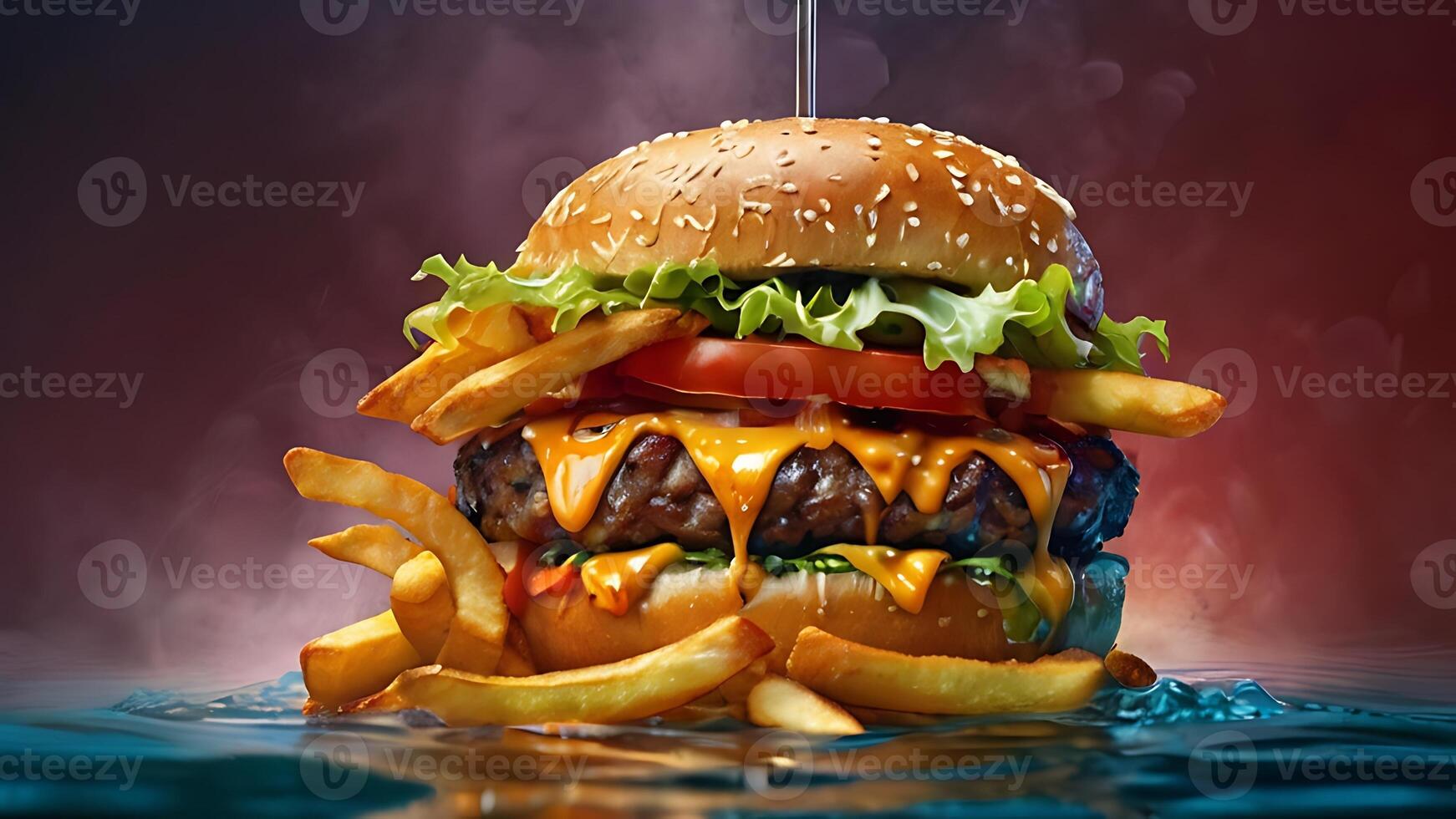 Ultra, realistic photo close-up of 8k High definition resolution, spicy dragon burger with fries