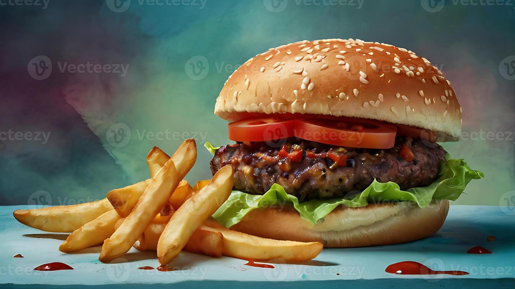 Ultra, realistic photo close-up of 8k High definition resolution, spicy dragon burger with fries