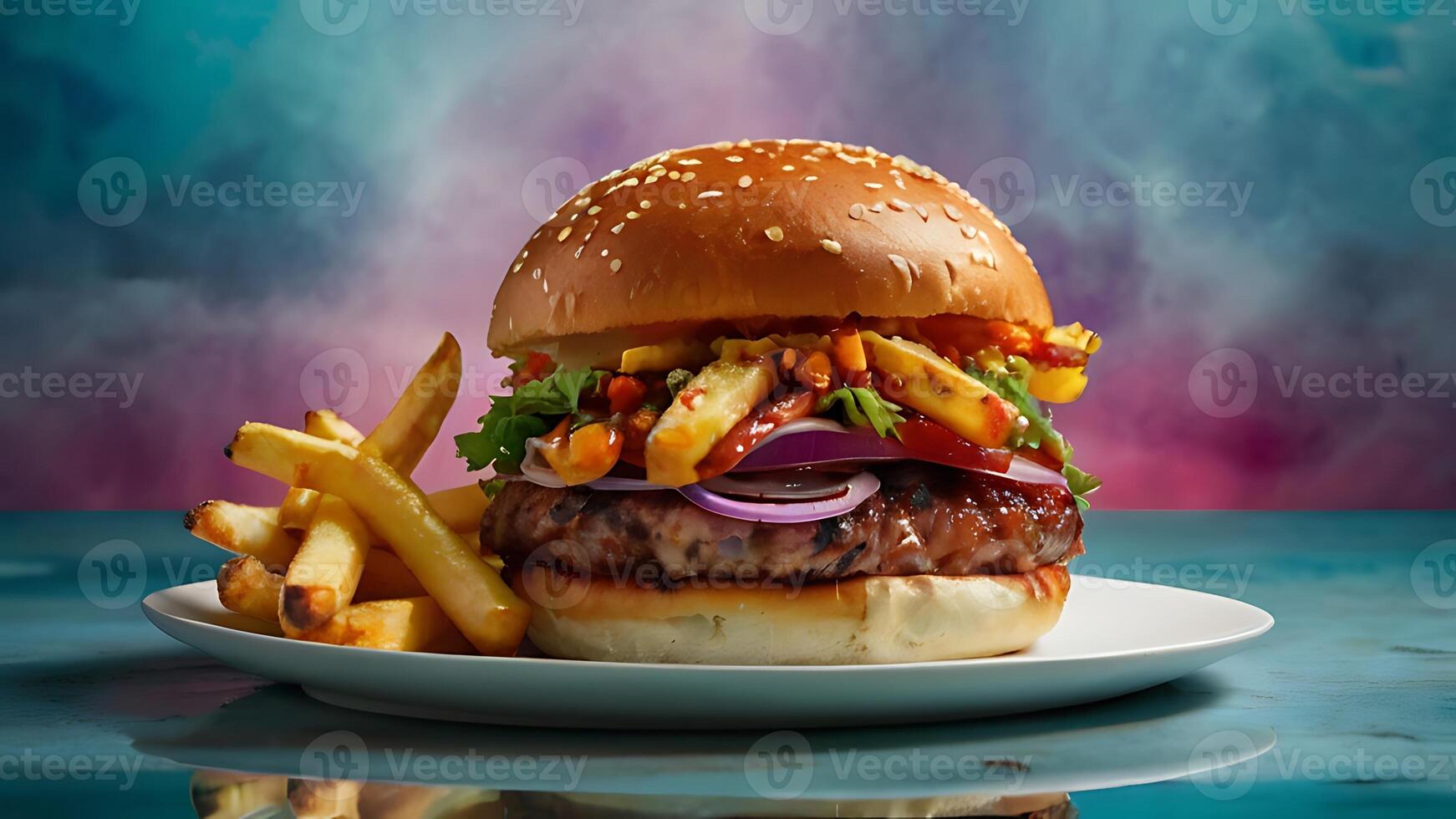 Ultra, realistic photo close-up of 8k High definition resolution, spicy dragon burger with fries