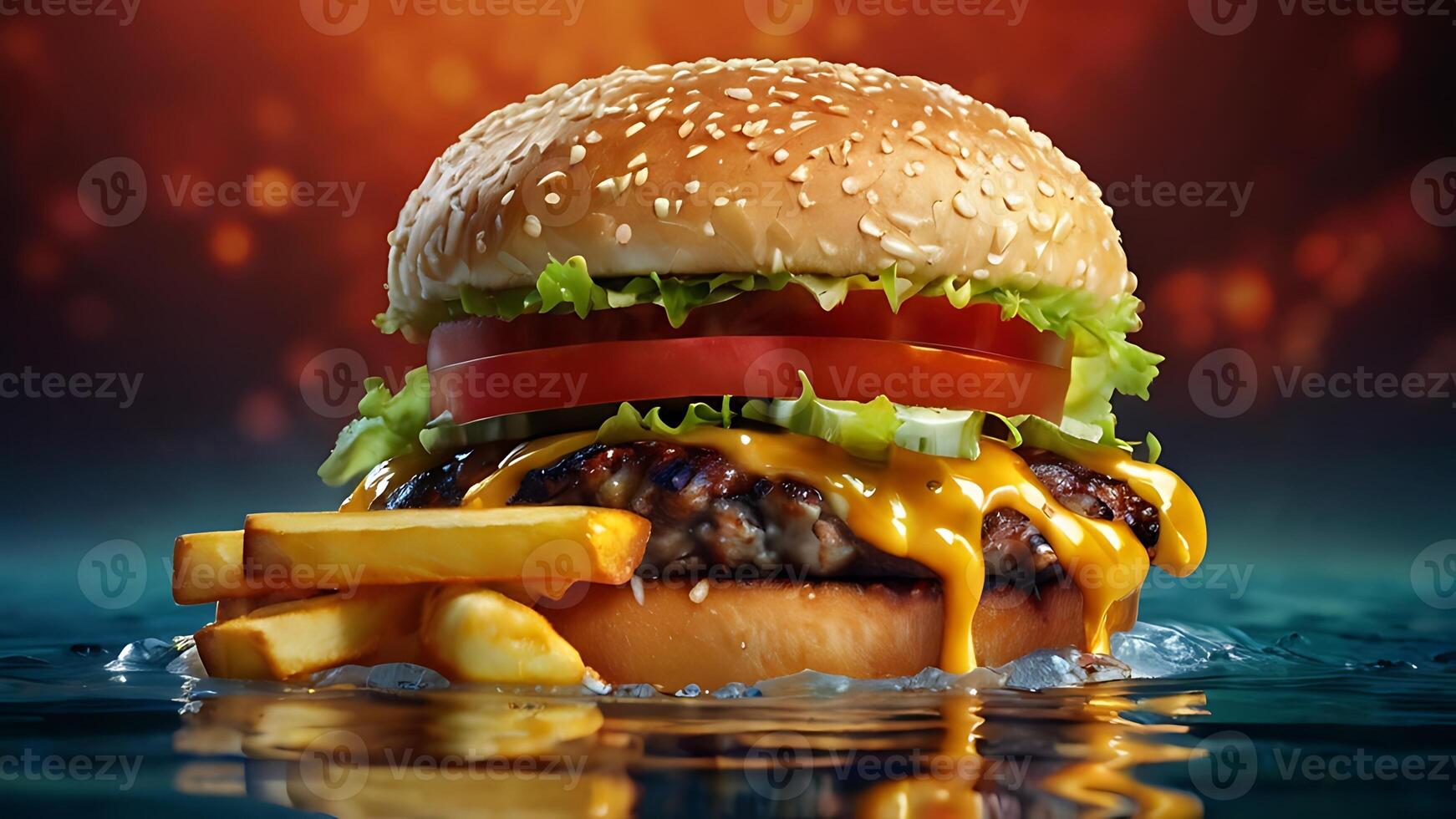 Ultra, realistic photo close-up of 8k High definition resolution, spicy dragon burger with fries
