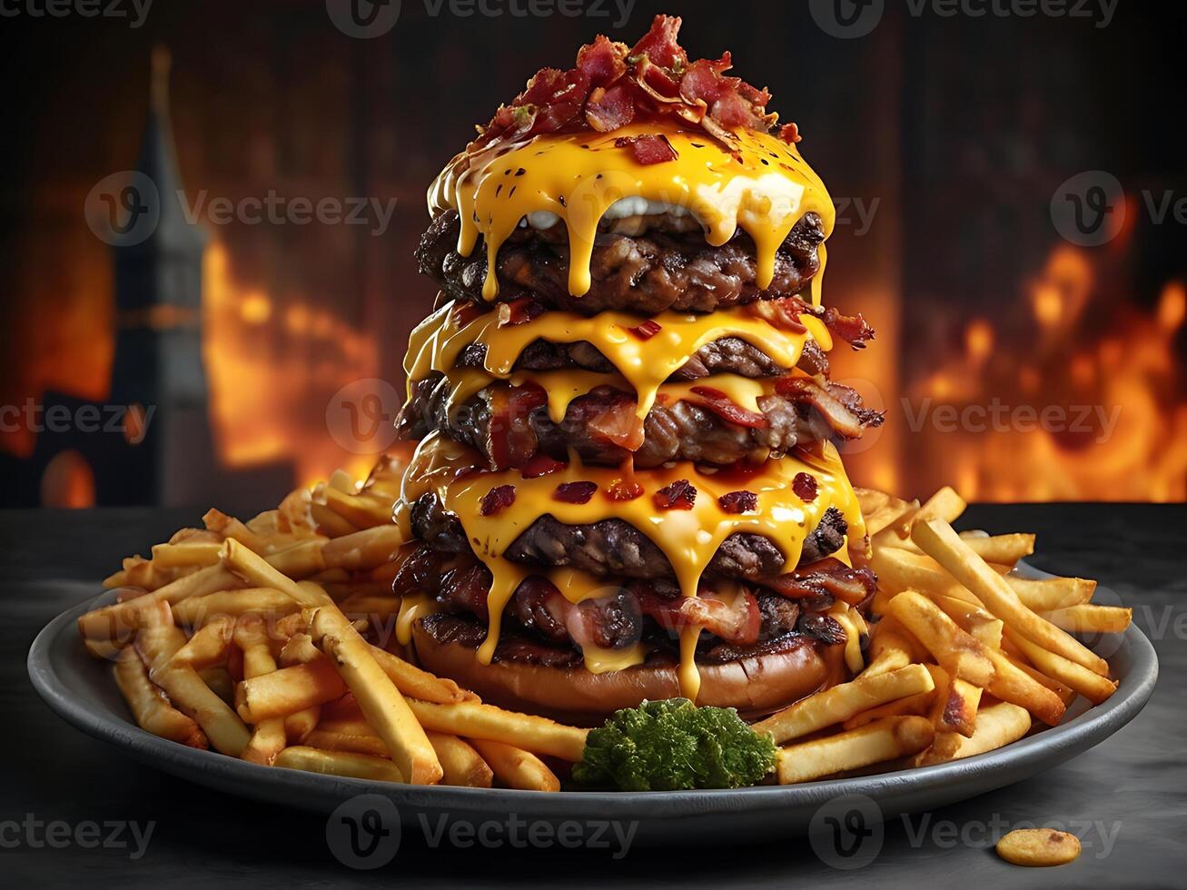 A towering castle made entirely of juicy, flame-grilled burgers, topped with melted cheese photo