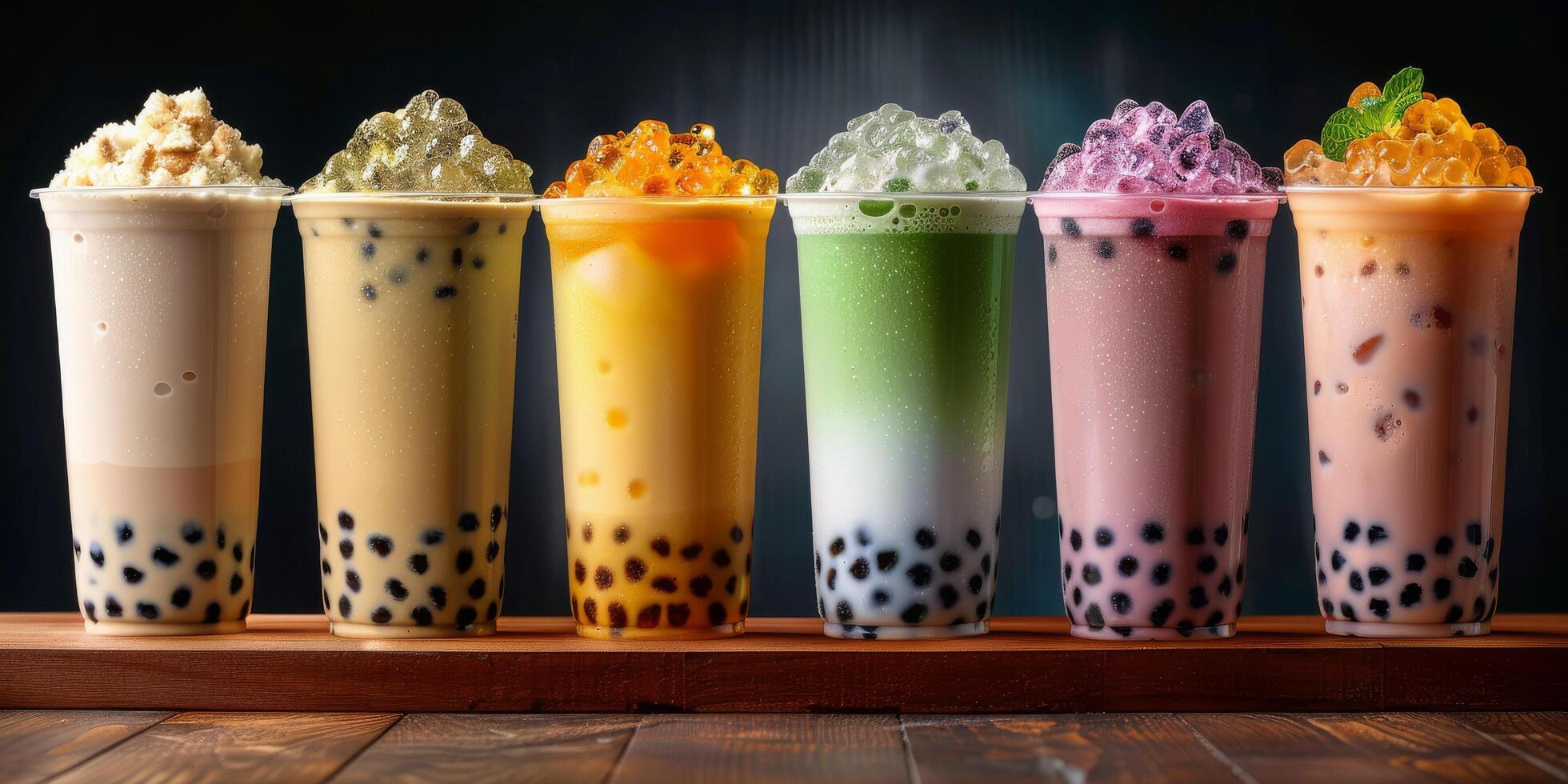 Colorful Bubble Tea Drinks With Tapioca Pearls and Ice in Plastic Cups photo