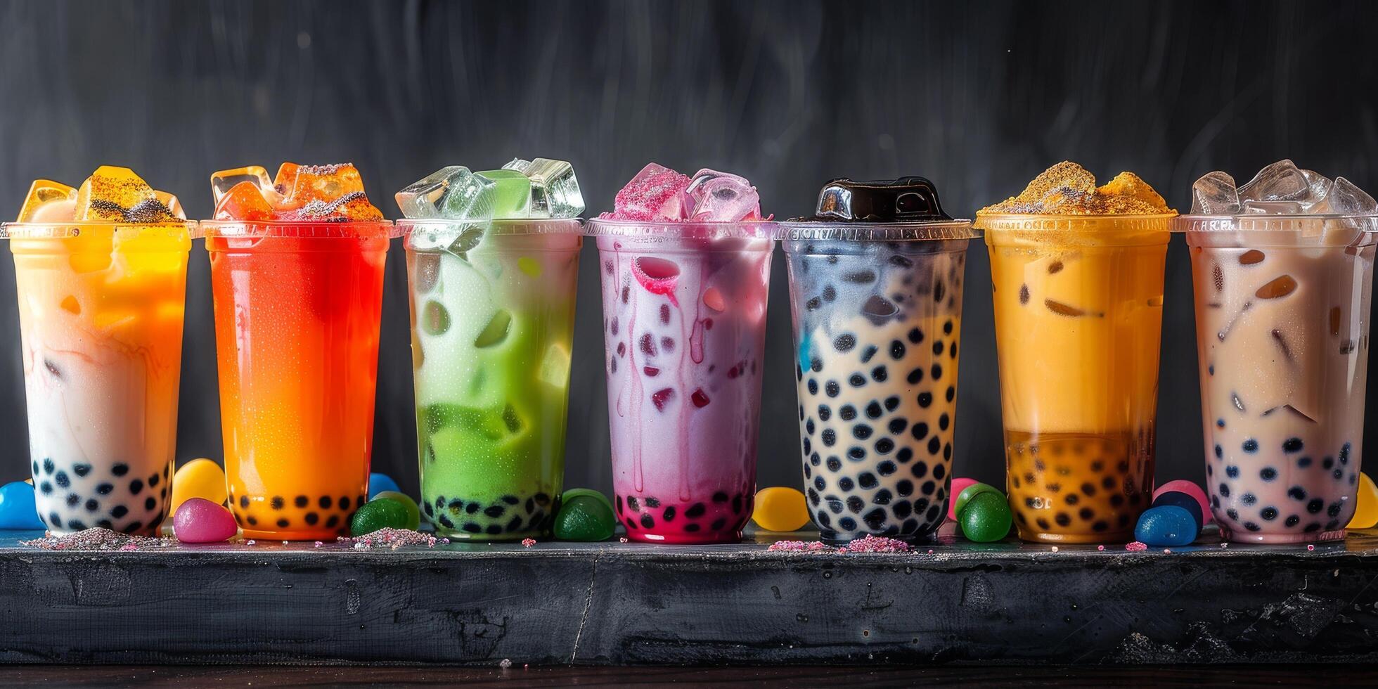 Colorful Bubble Tea Drinks With Tapioca Pearls and Ice in Plastic Cups photo