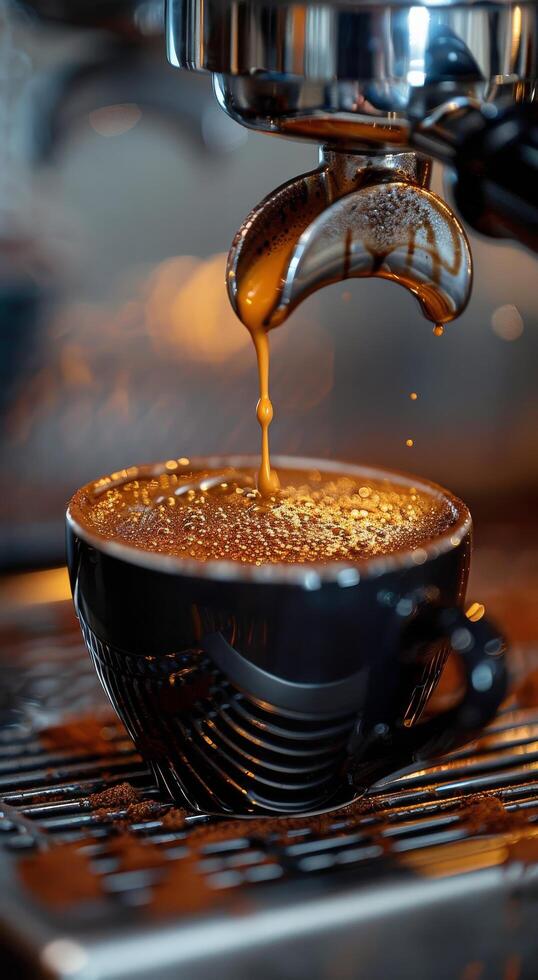 Espresso Machine Pouring Coffee Into Black Cup With Coffee Beans photo