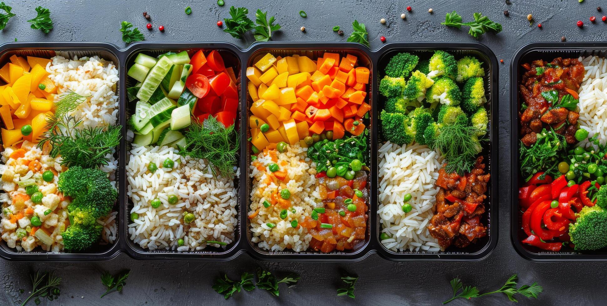 Prepared Meal Containers With Various Vegetables, Rice, and Protein photo