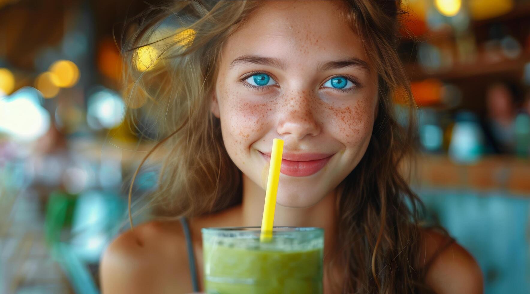 Woman Smiling and Enjoying a Refreshing Green Smoothie at a Cafe photo