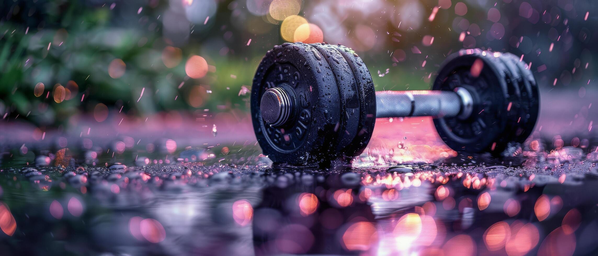 Purple Dumbbell Lying In Rain With Bokeh Lights photo
