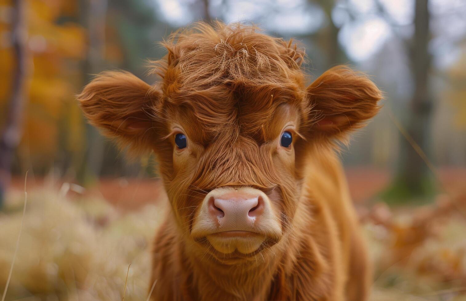 Close Up Portrait of a Brown Highland Calf Standing in Autumn Foliage photo