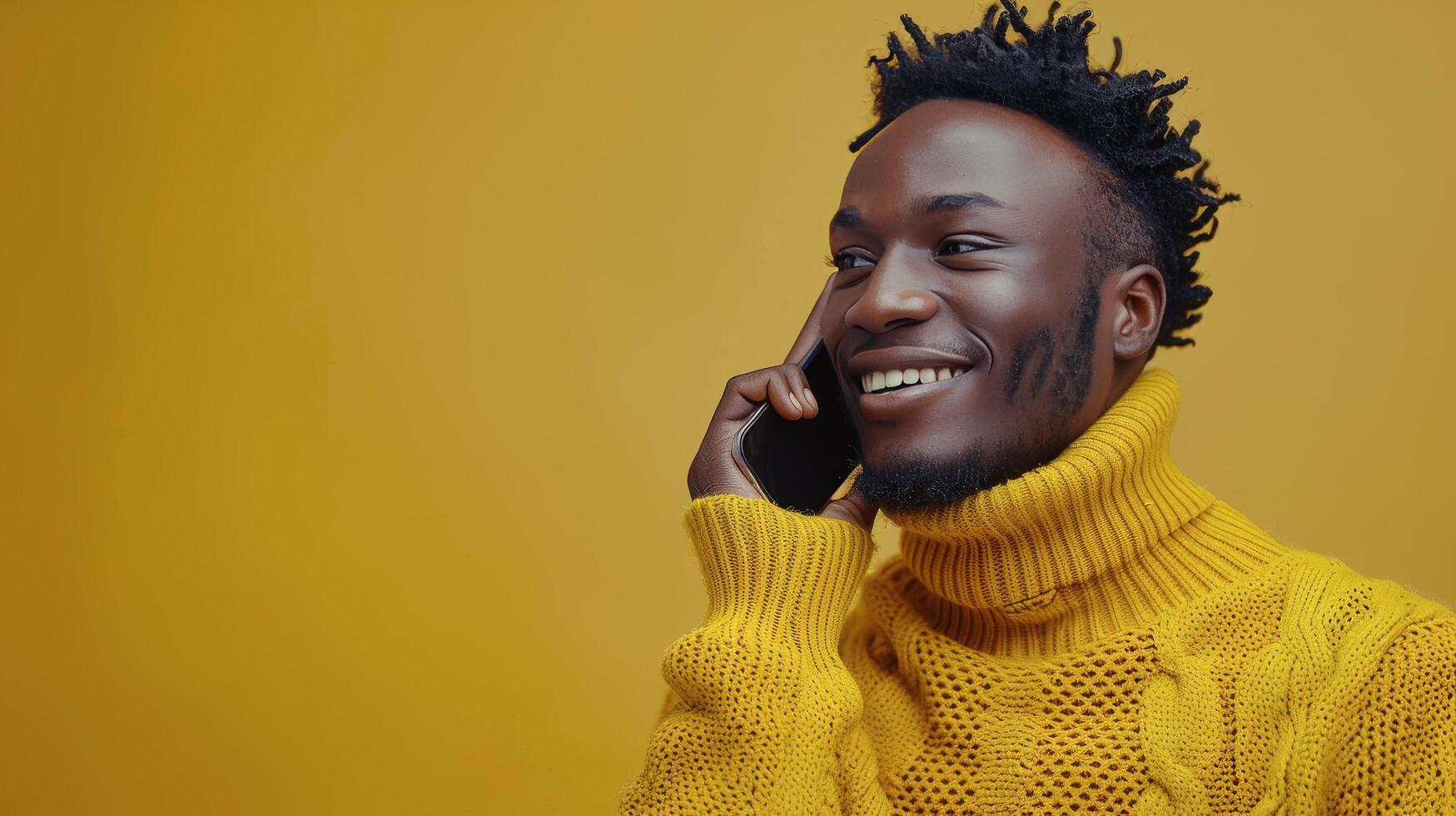 Smiling Man Talking on Phone in Yellow Sweater Against Yellow Background photo