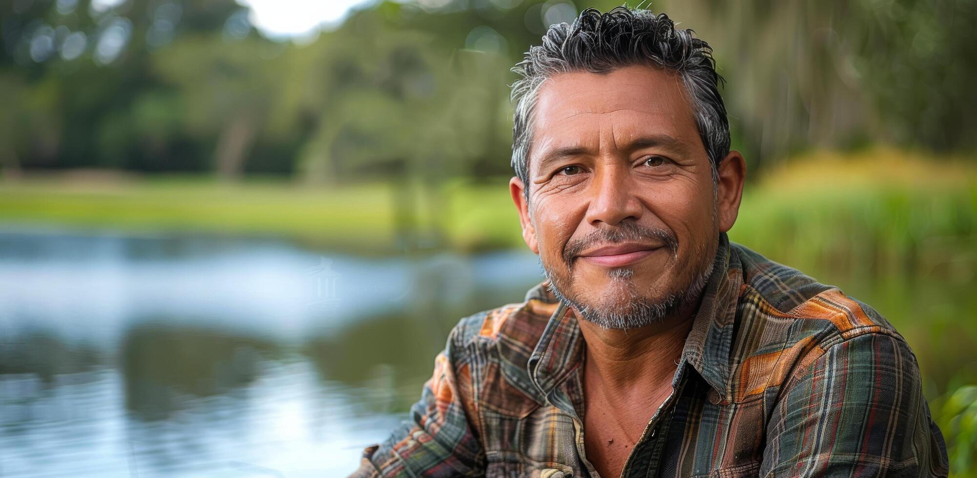 Man Smiling by a Lake on a Sunny Day photo