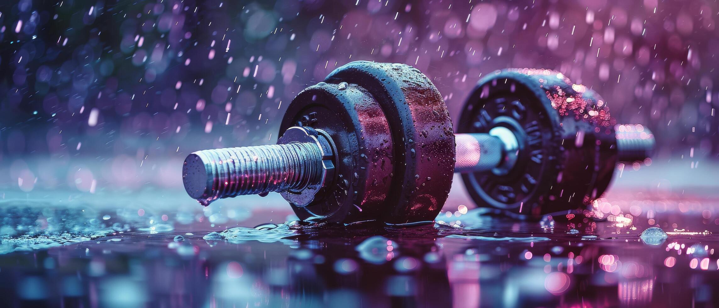 Purple Dumbbell Lying In Rain With Bokeh Lights photo