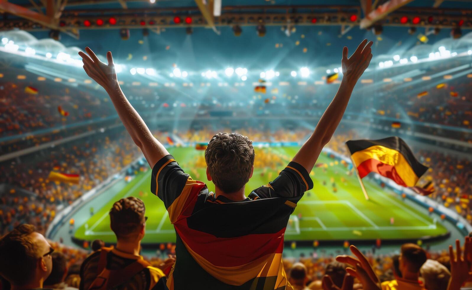 A Fan Cheers for the Team at a Packed Soccer Stadium photo