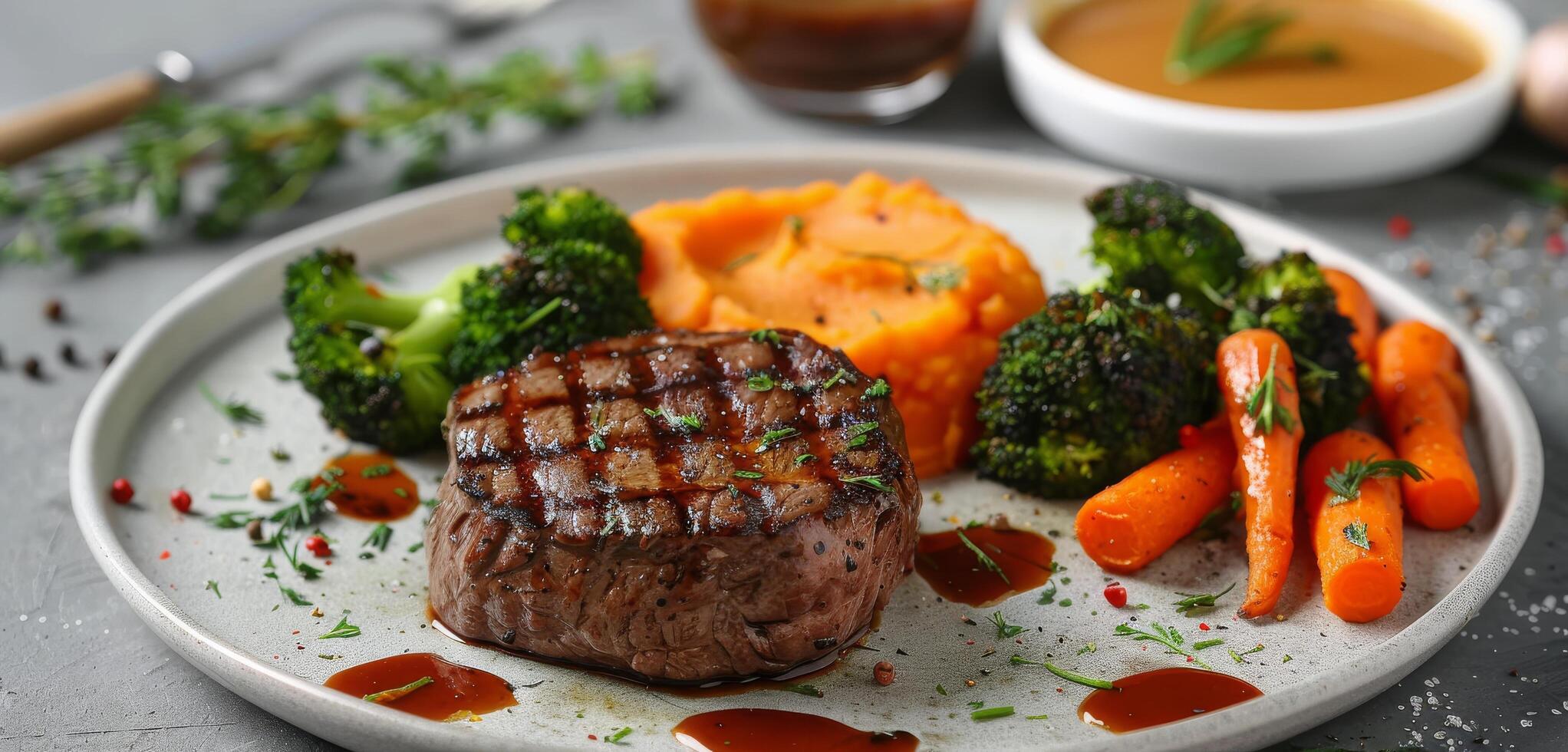 Grilled Steak With Sweet Potato Mash, Roasted Carrots, and Broccoli photo