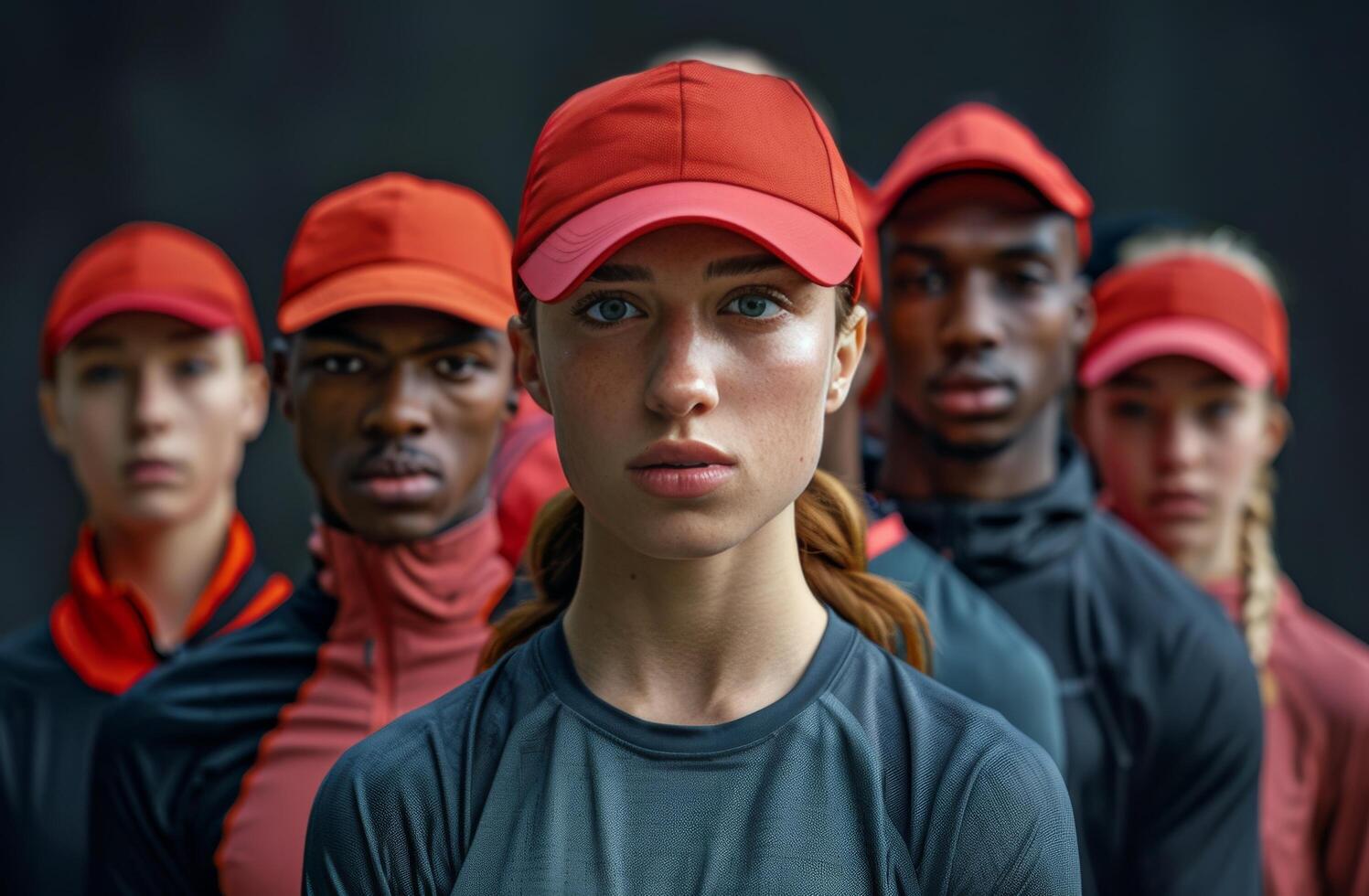 Focused Athlete in Red Cap Leading a Team During Outdoor Training photo