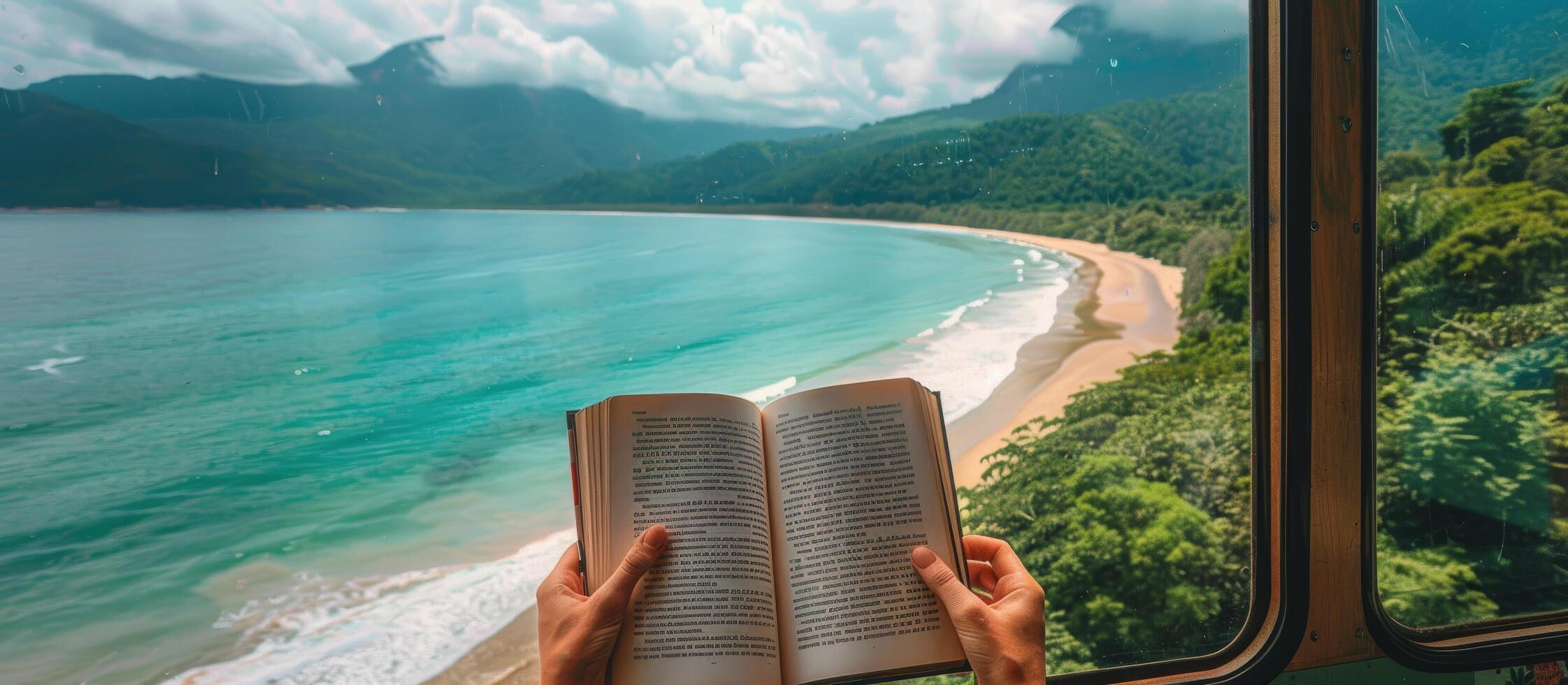 Person Reading Book on Train With Coastal View in Japan photo