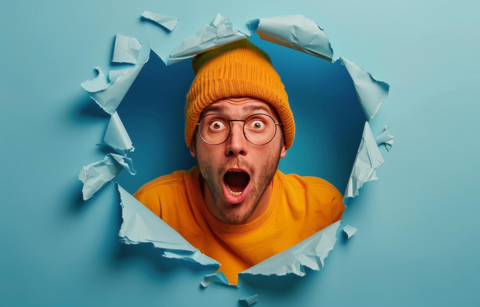 Shocked Man Peering Through Ripped Orange Paper on Blue Background photo