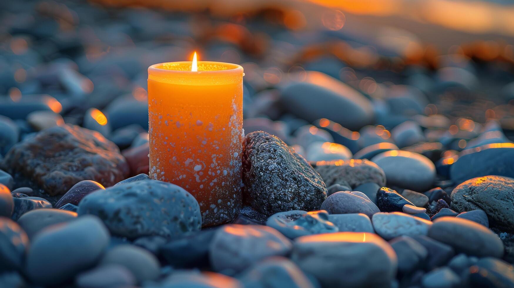 A Lit Candle on a Pebble Beach at Sunset photo