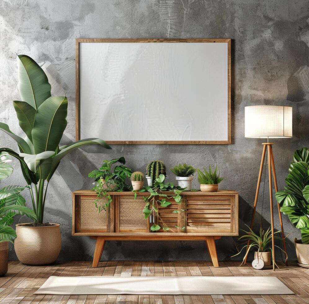Empty White Frame Above Wooden Cabinet In A Modern Home photo