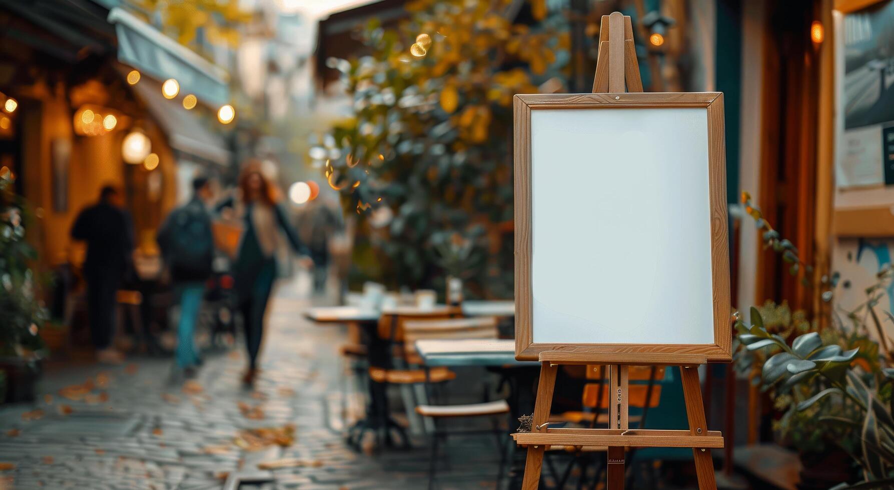 Blank Wooden Signboard Outside a Busy Restaurant in the Afternoon photo