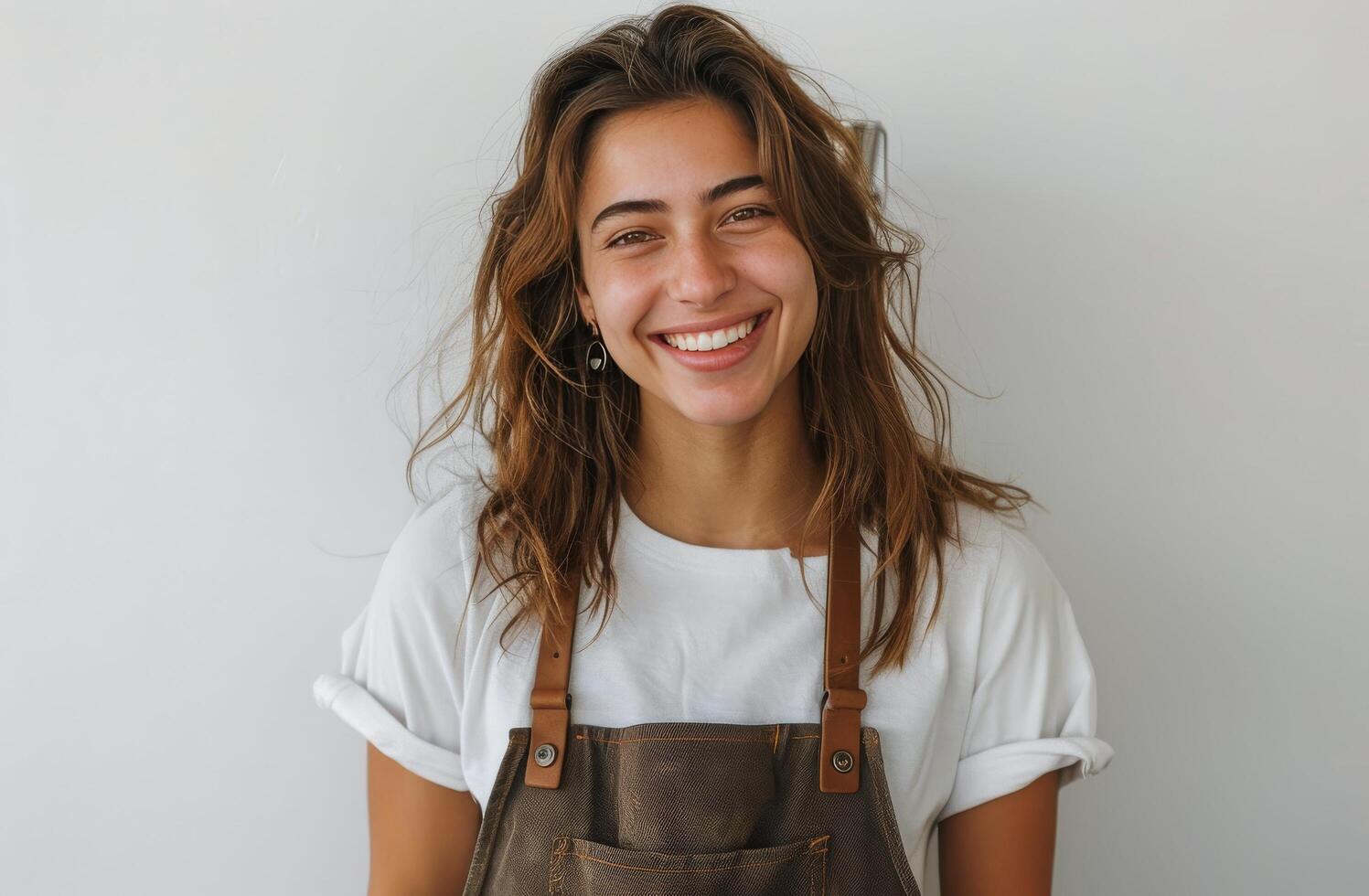 Smiling Woman Wearing an Apron Against a White Wall photo