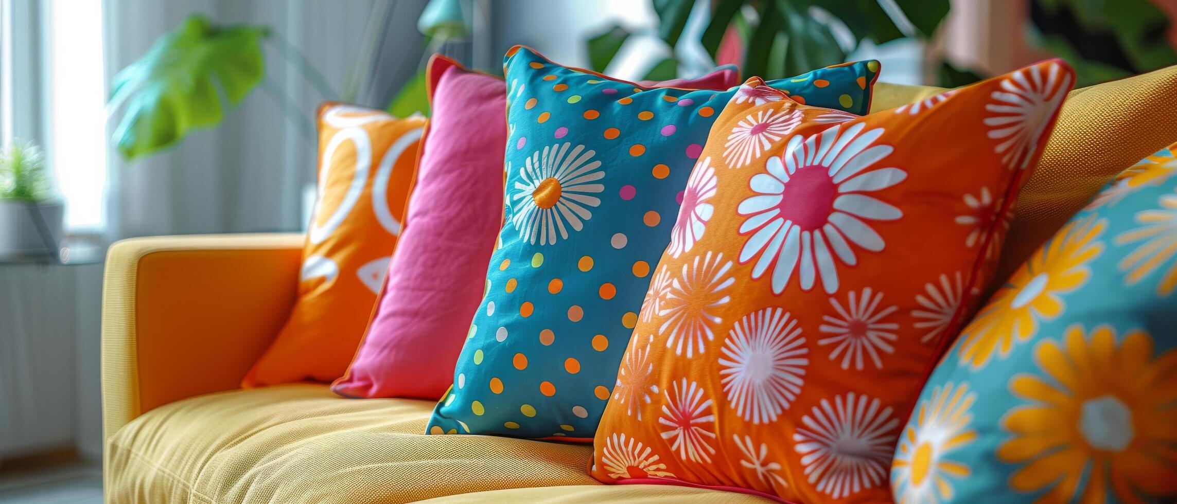 Colorful Throw Pillows on a White Sofa in a Modern Home photo