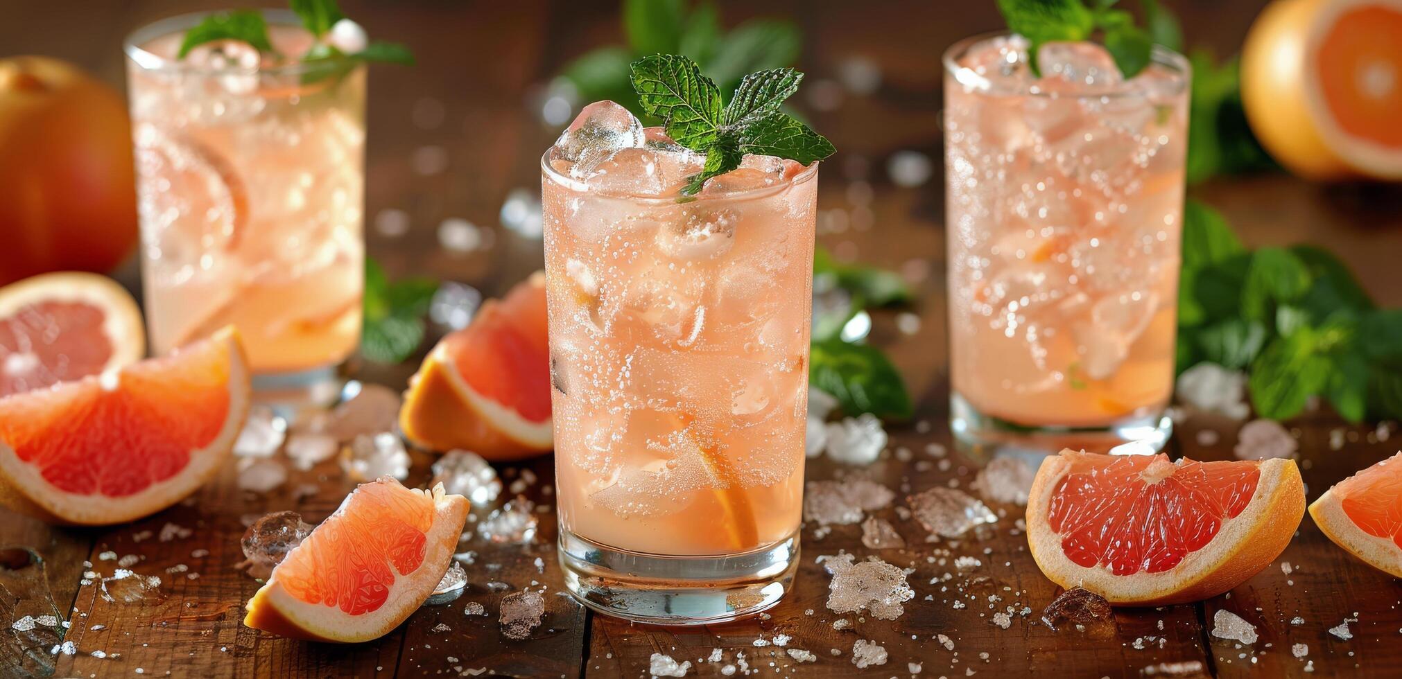 Refreshing Grapefruit Cocktails With Mint Garnishes on a Wooden Table photo