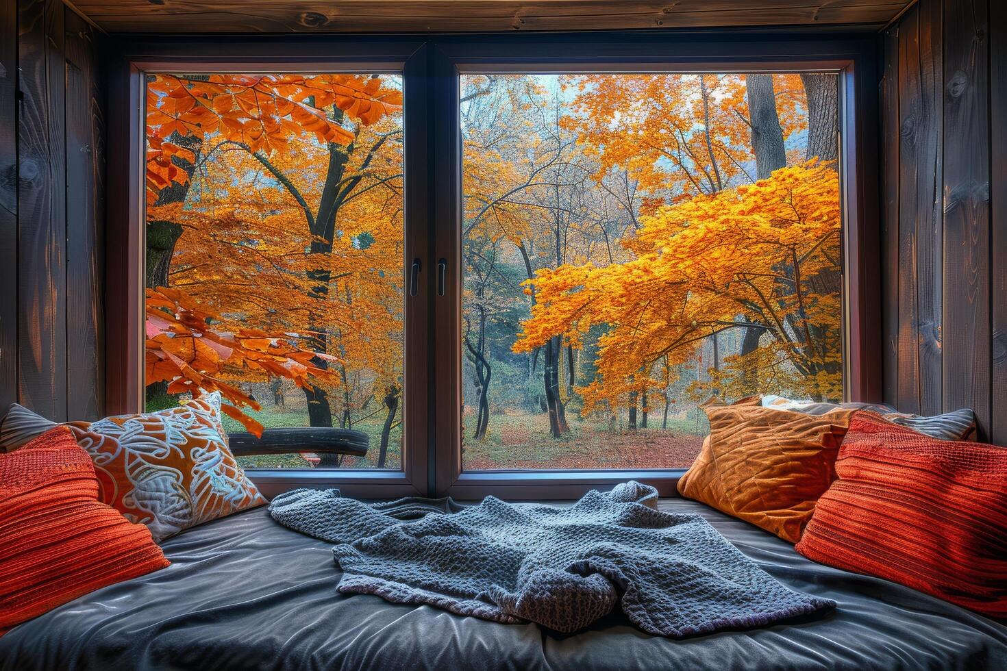Cozy Window Seat With Autumn Forest View photo