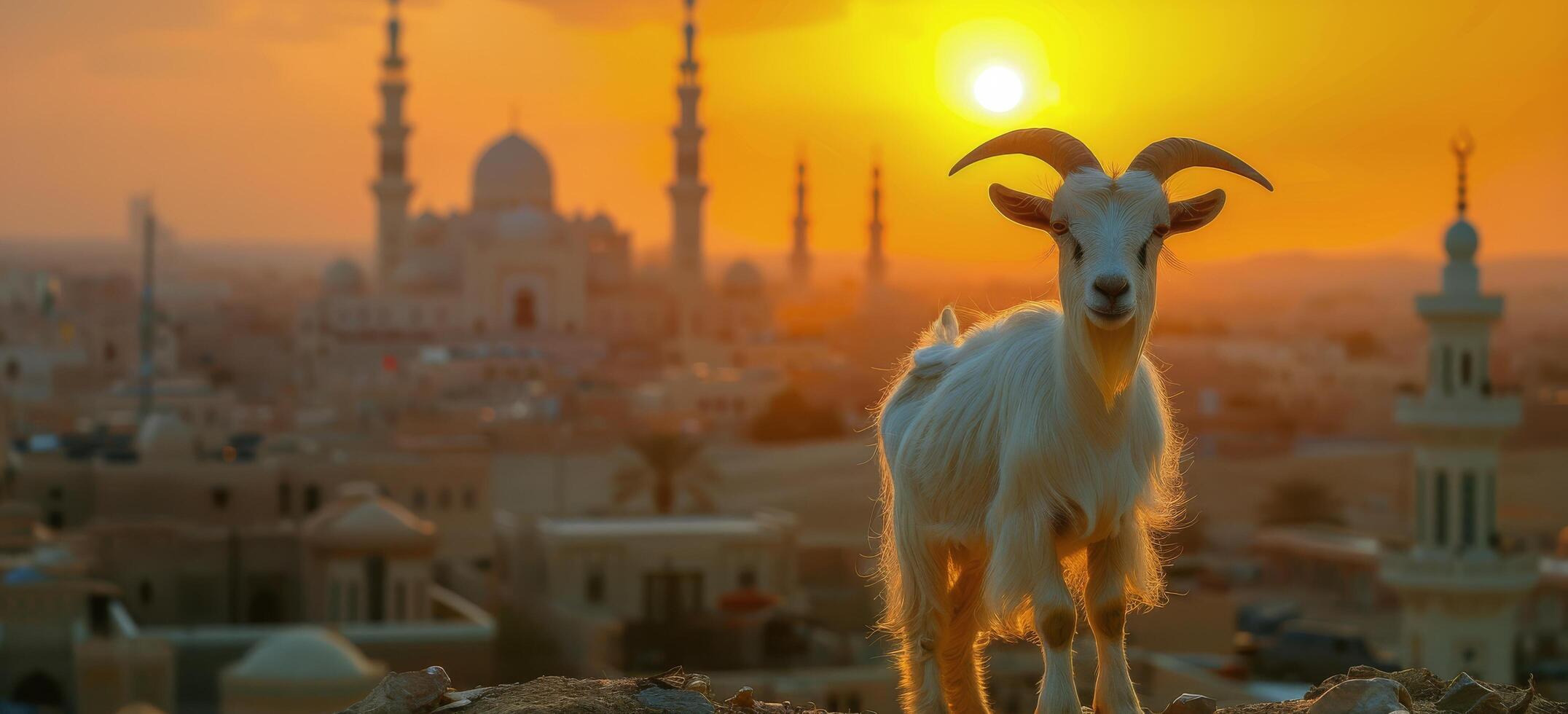 White Goat Gazing at Sunset Over Cityscape With Mosque photo