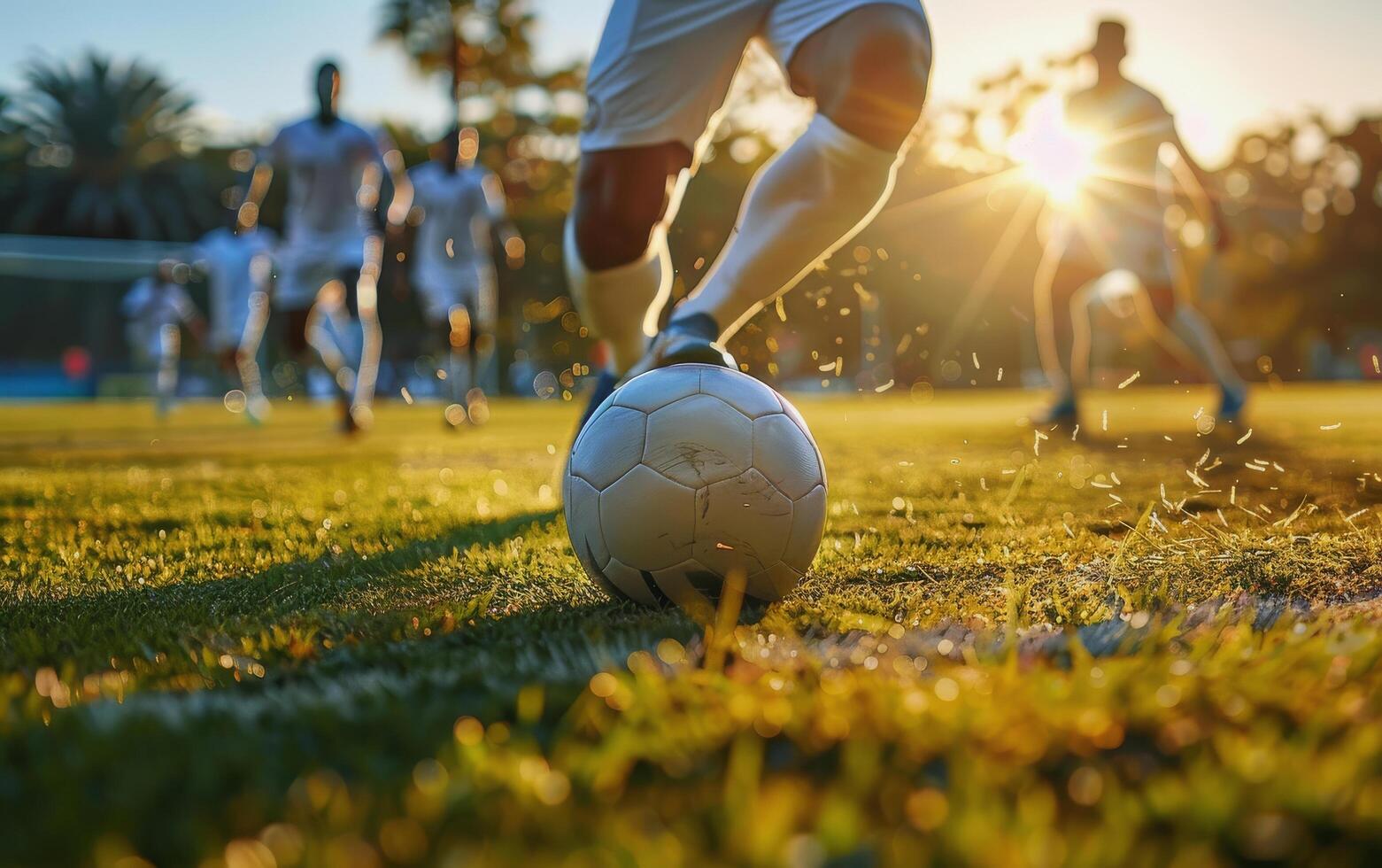 Soccer Player Kicking Ball During Golden Hour Match photo