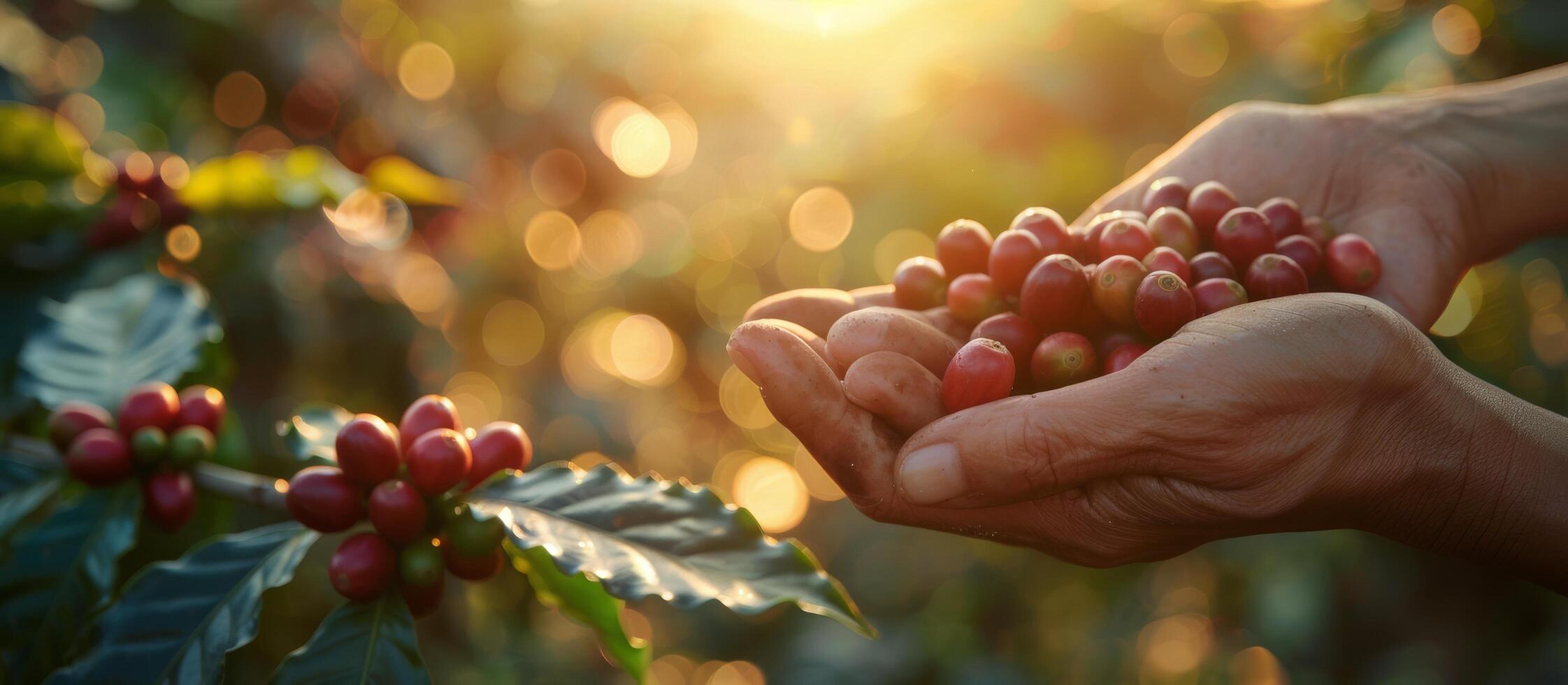 Hand Picking Ripe Coffee Beans From a Branch in a Lush Plantation at Sunset photo