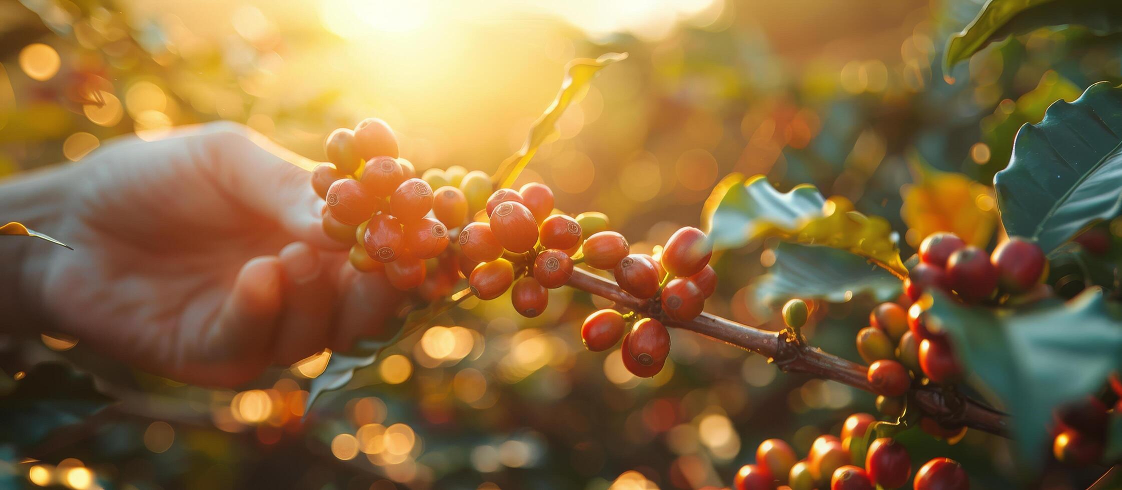 Hand Picking Ripe Coffee Beans From a Branch in a Lush Plantation at Sunset photo