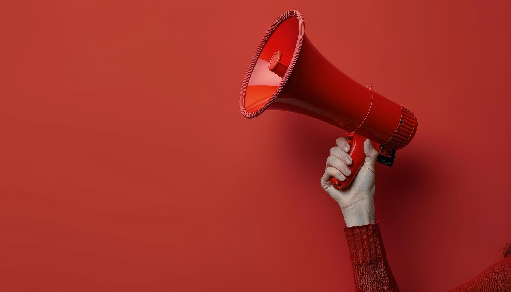 Person Holding Red Megaphone Against Red Background photo