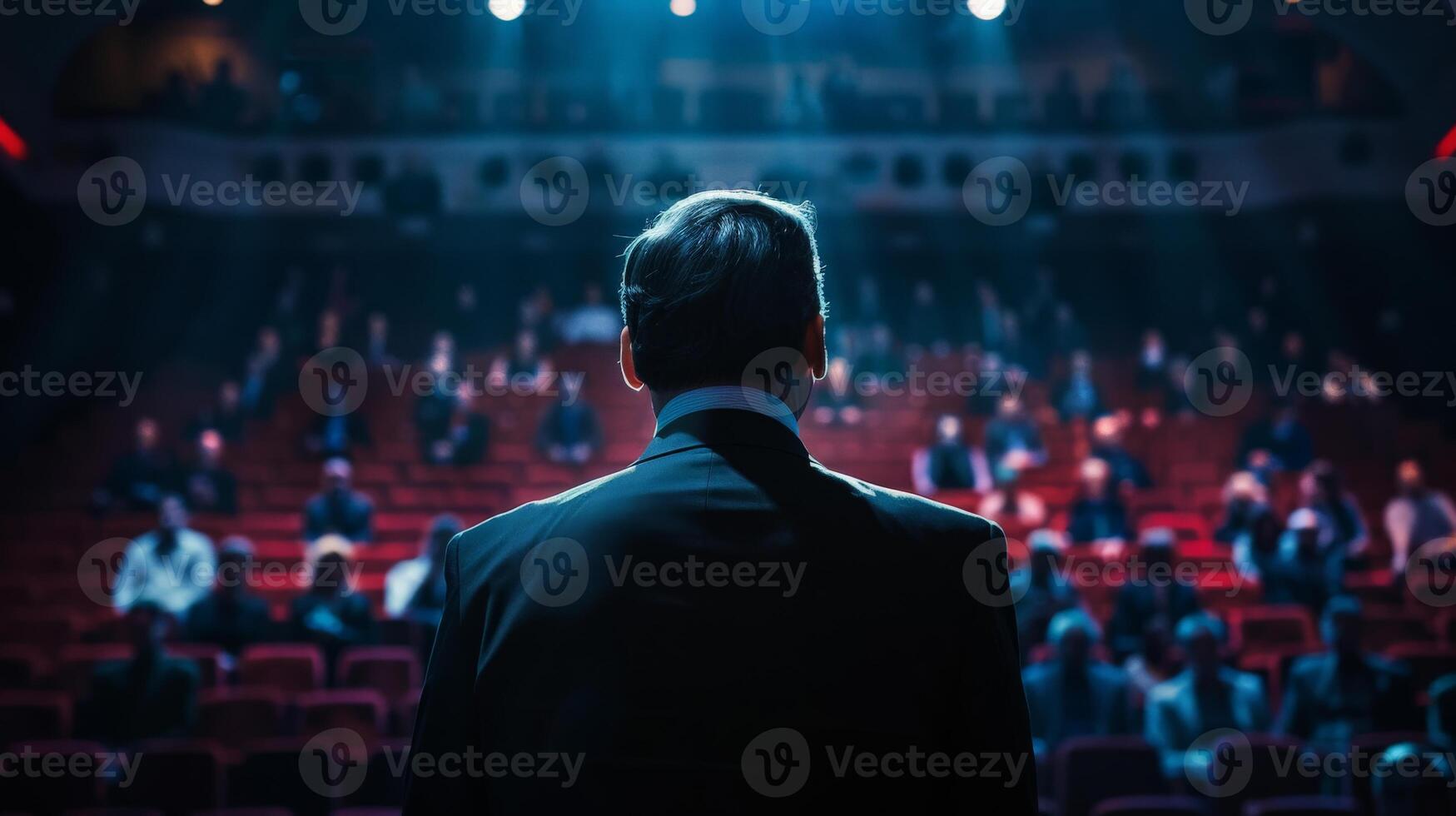 A man in a suit stands on a stage in front of a large audience photo