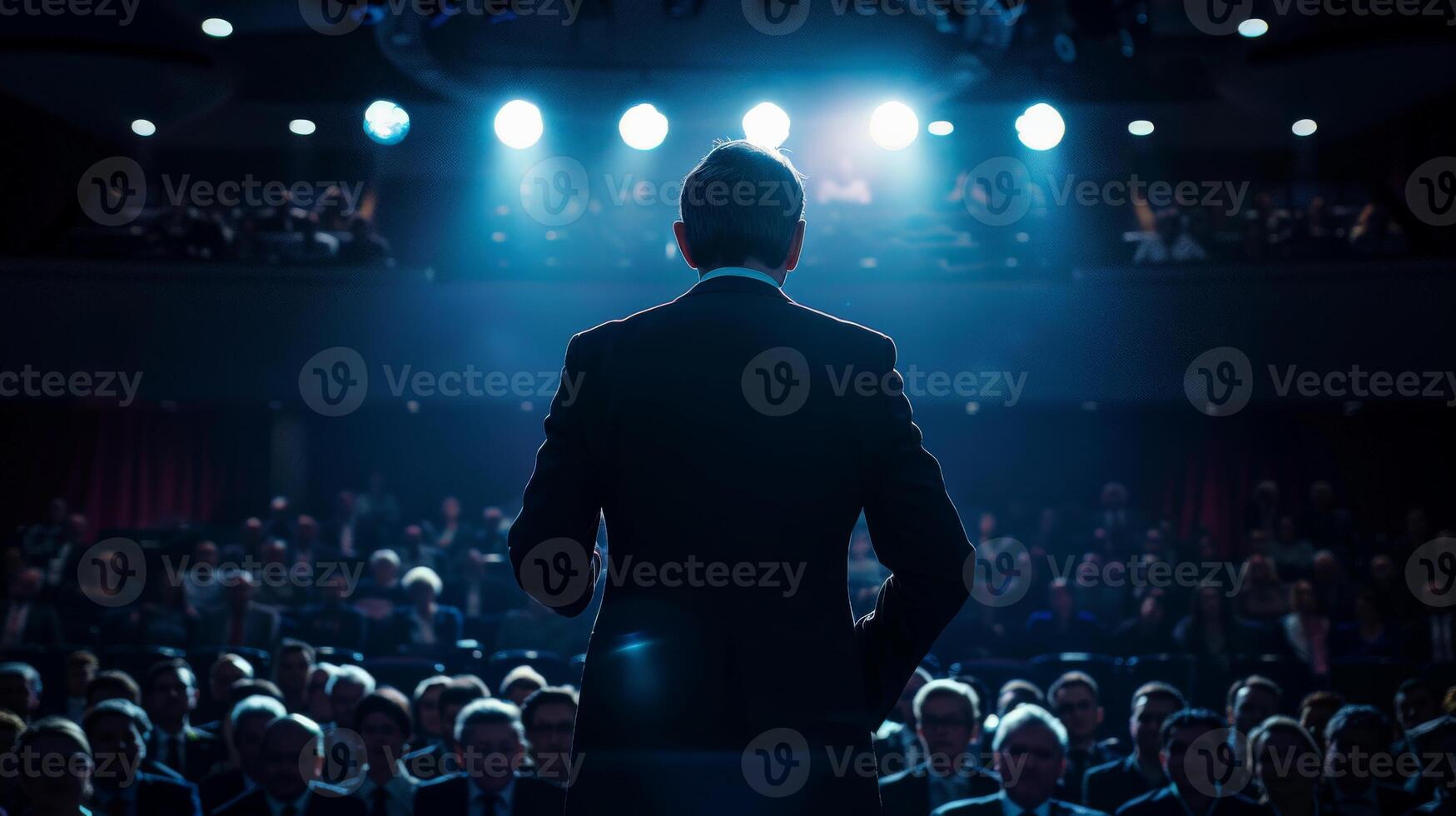A speaker stands center stage, backlit by spotlights, addressing a packed audience photo