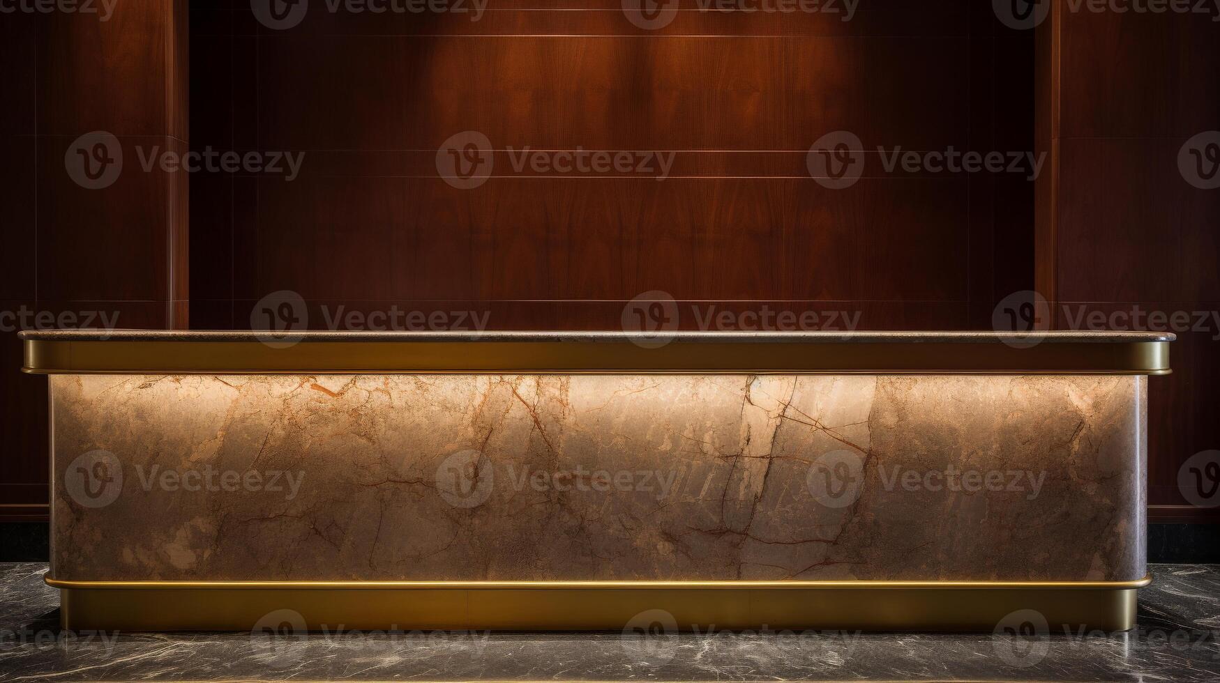 A sleek reception desk with marble and gold accents in a modern lobby photo