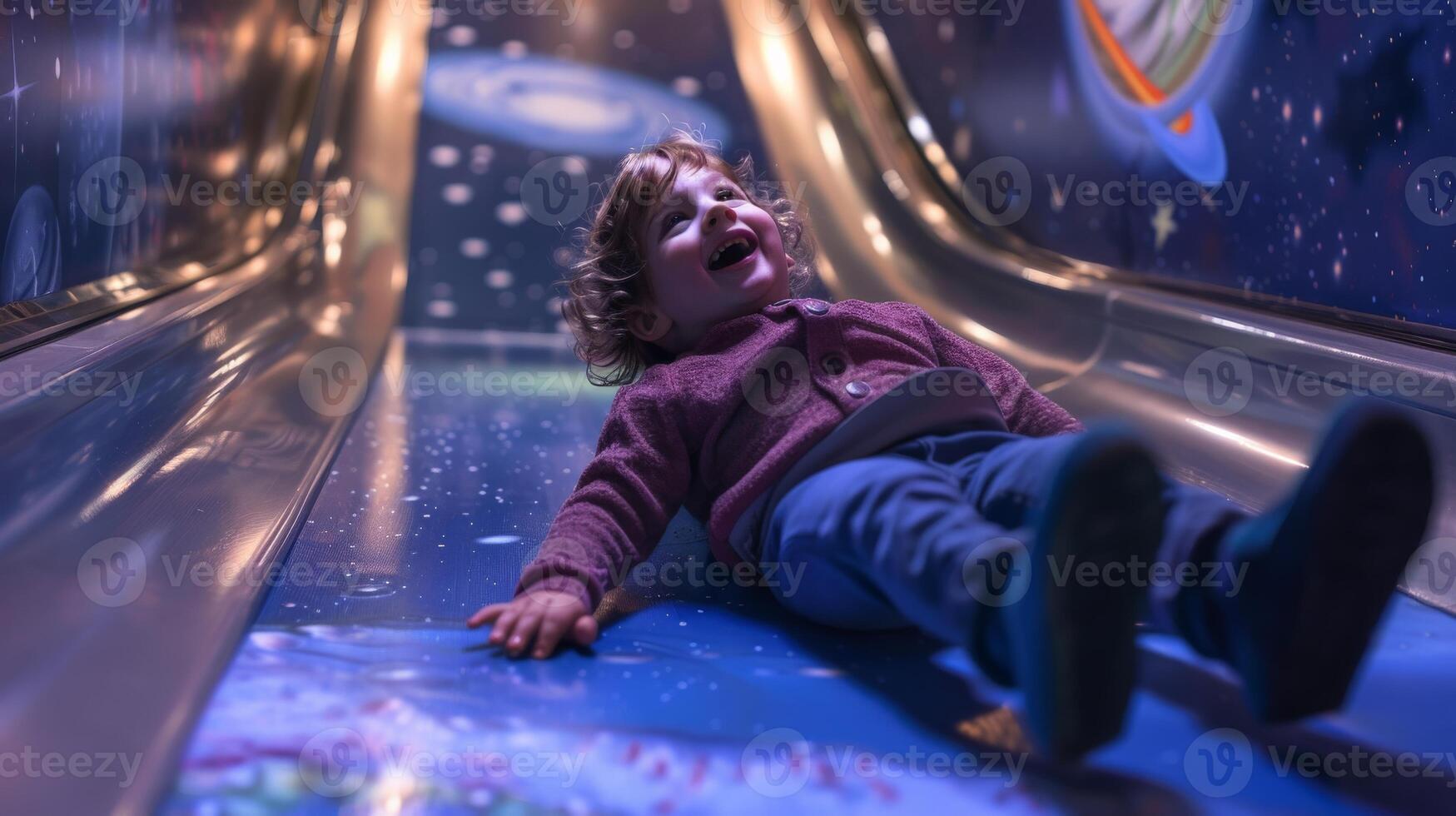 A young child enjoys a fun ride down a space-themed slide at a play center photo