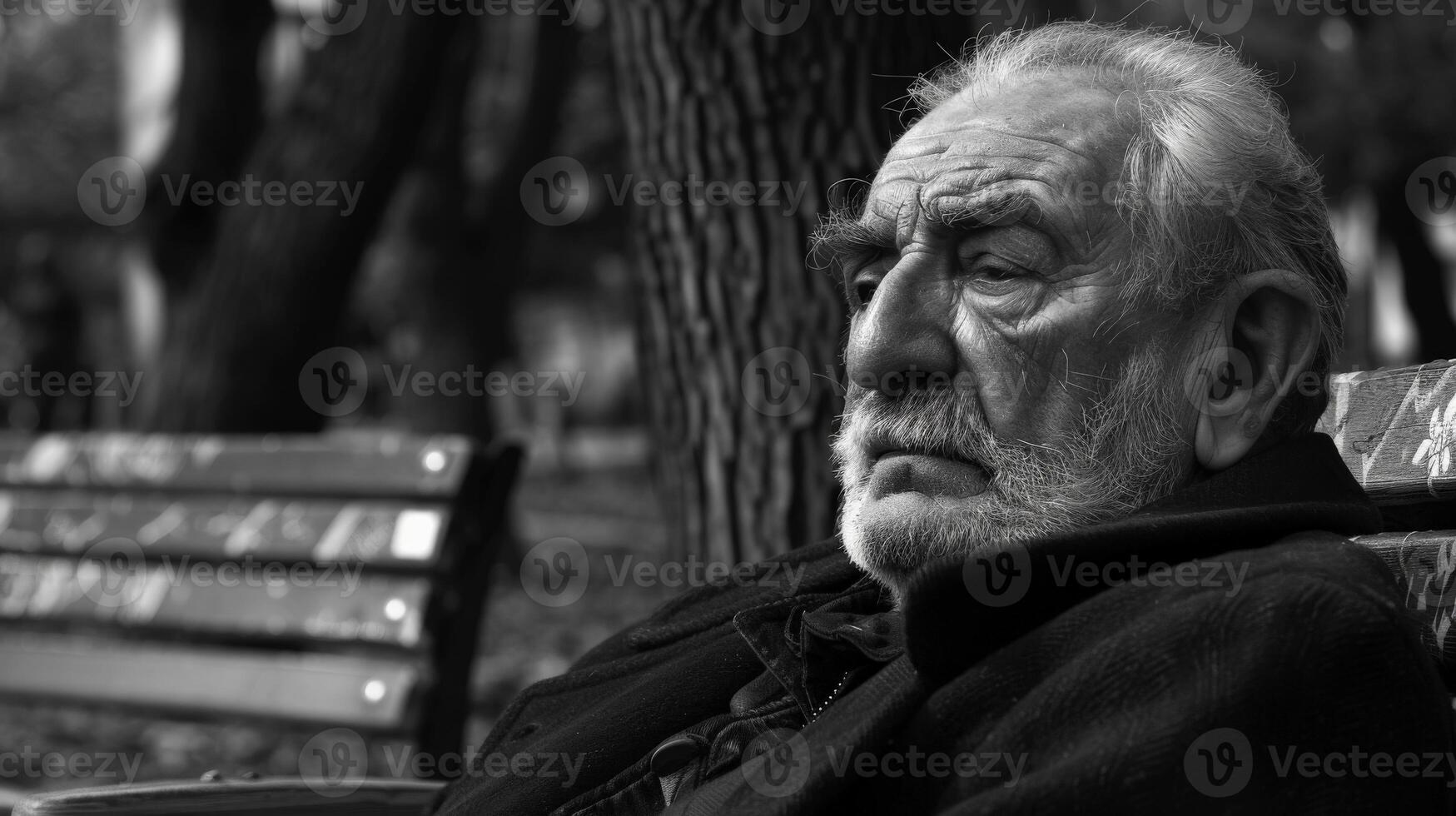 A black and white photo of an elderly man sitting on a bench in a park, lost in thought