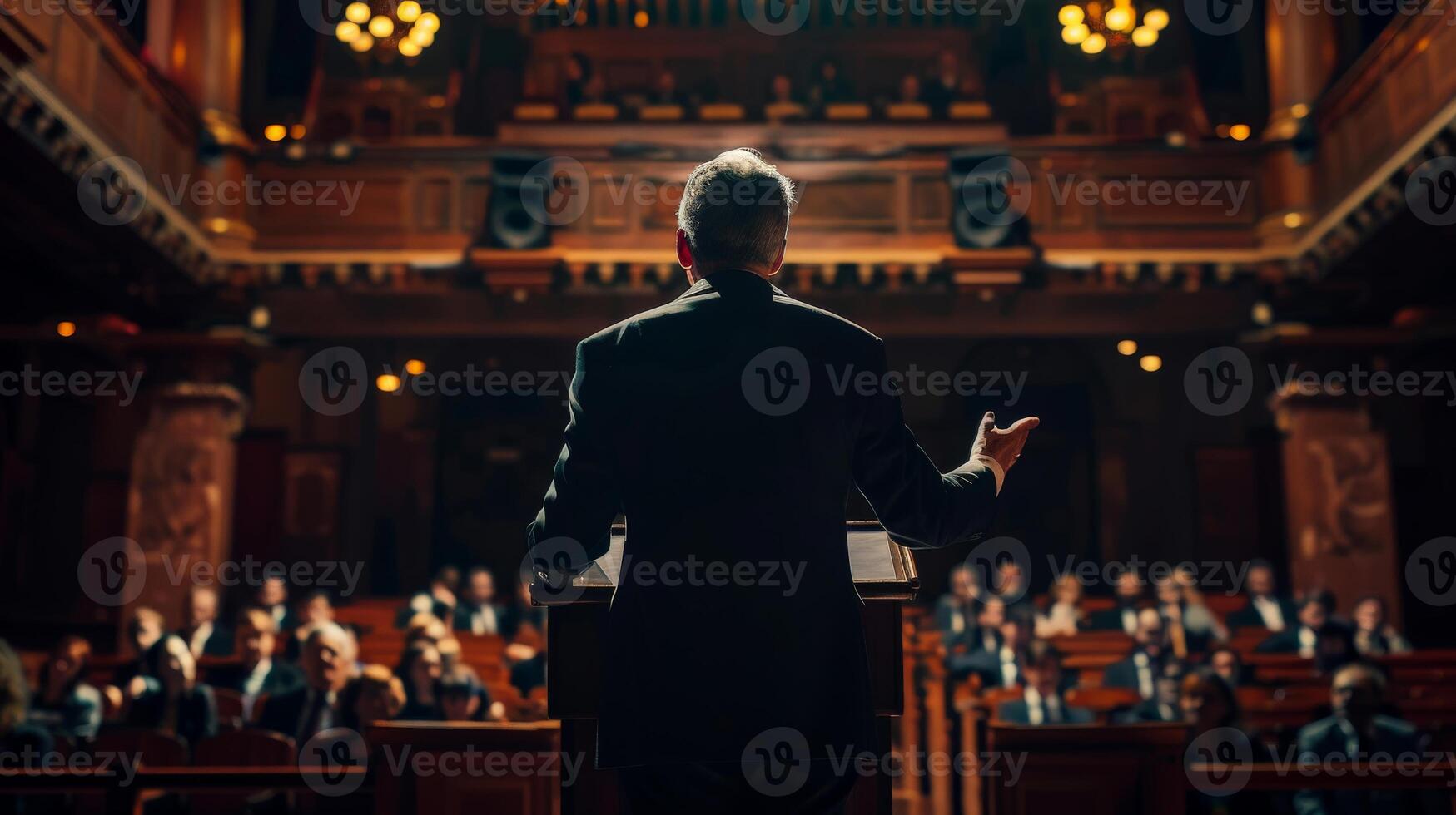 A speaker addresses a large audience in an ornate hall photo