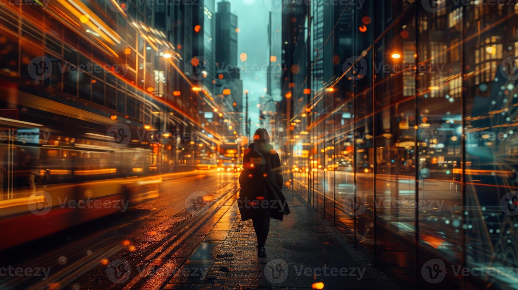 Person walks city street at night among vibrant lights and blurred traffic photo