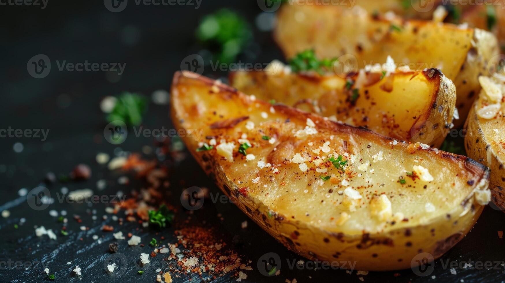 Close up of crispy potato wedges with herbs and spices photo