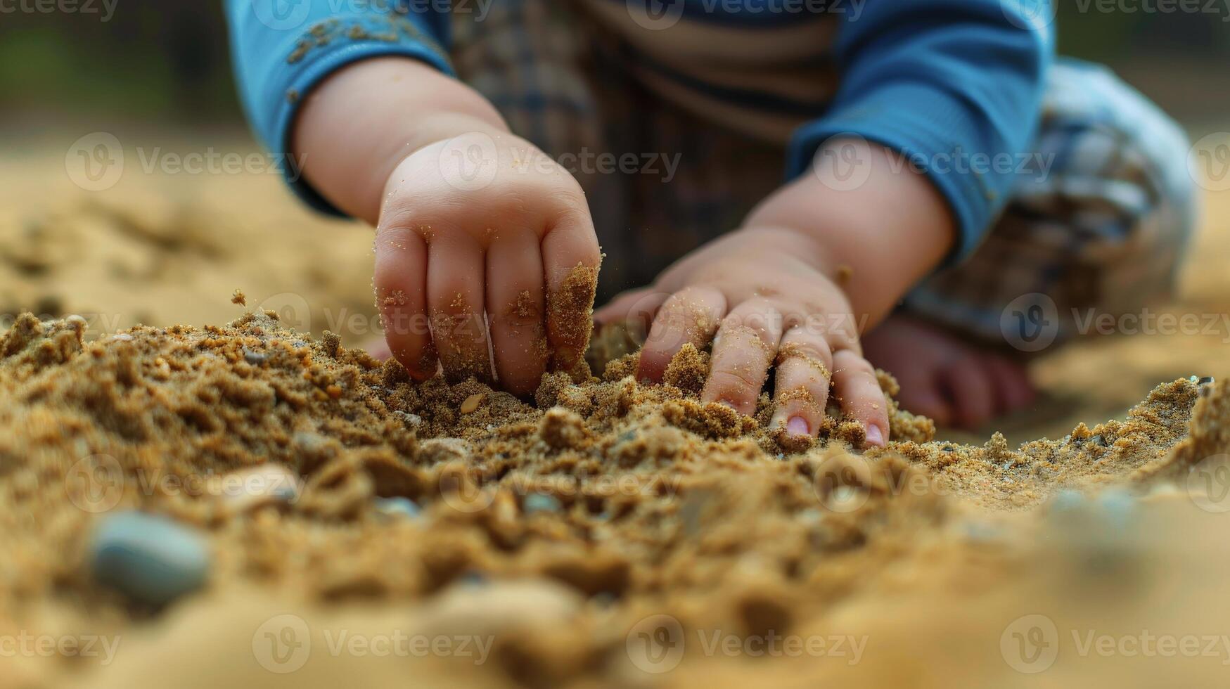 A childs hands dig into the soft sand, exploring the textures and shapes photo