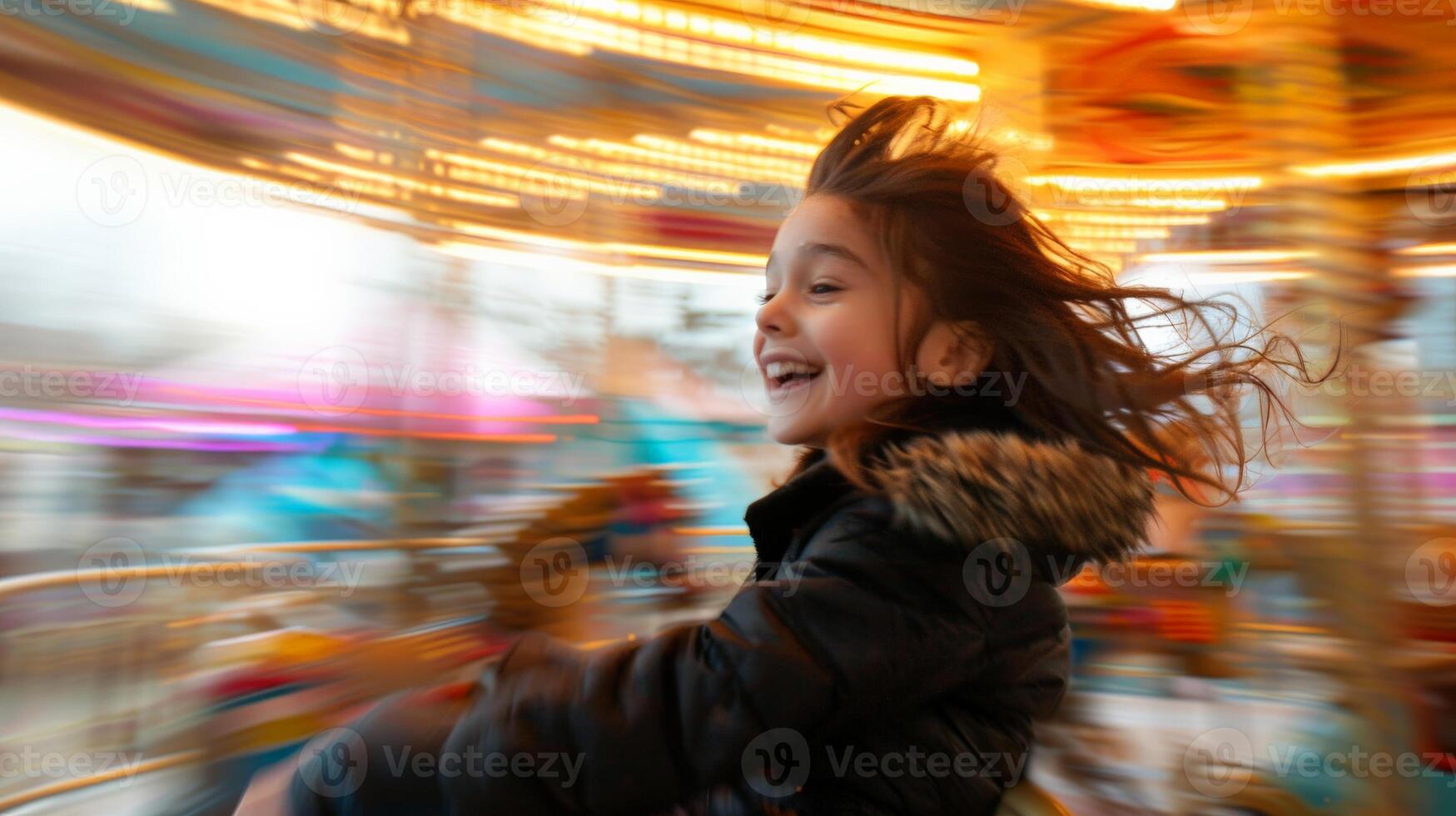 A young girl laughs and enjoys the ride on a spinning carousel photo