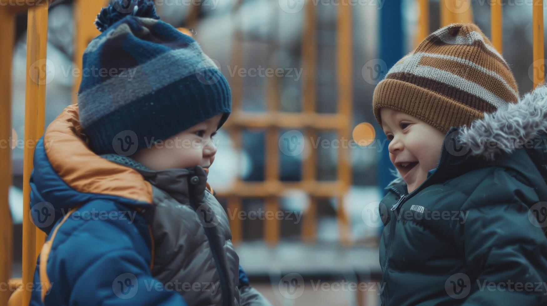 Two toddlers in winter coats and hats smile at each other on a playground photo