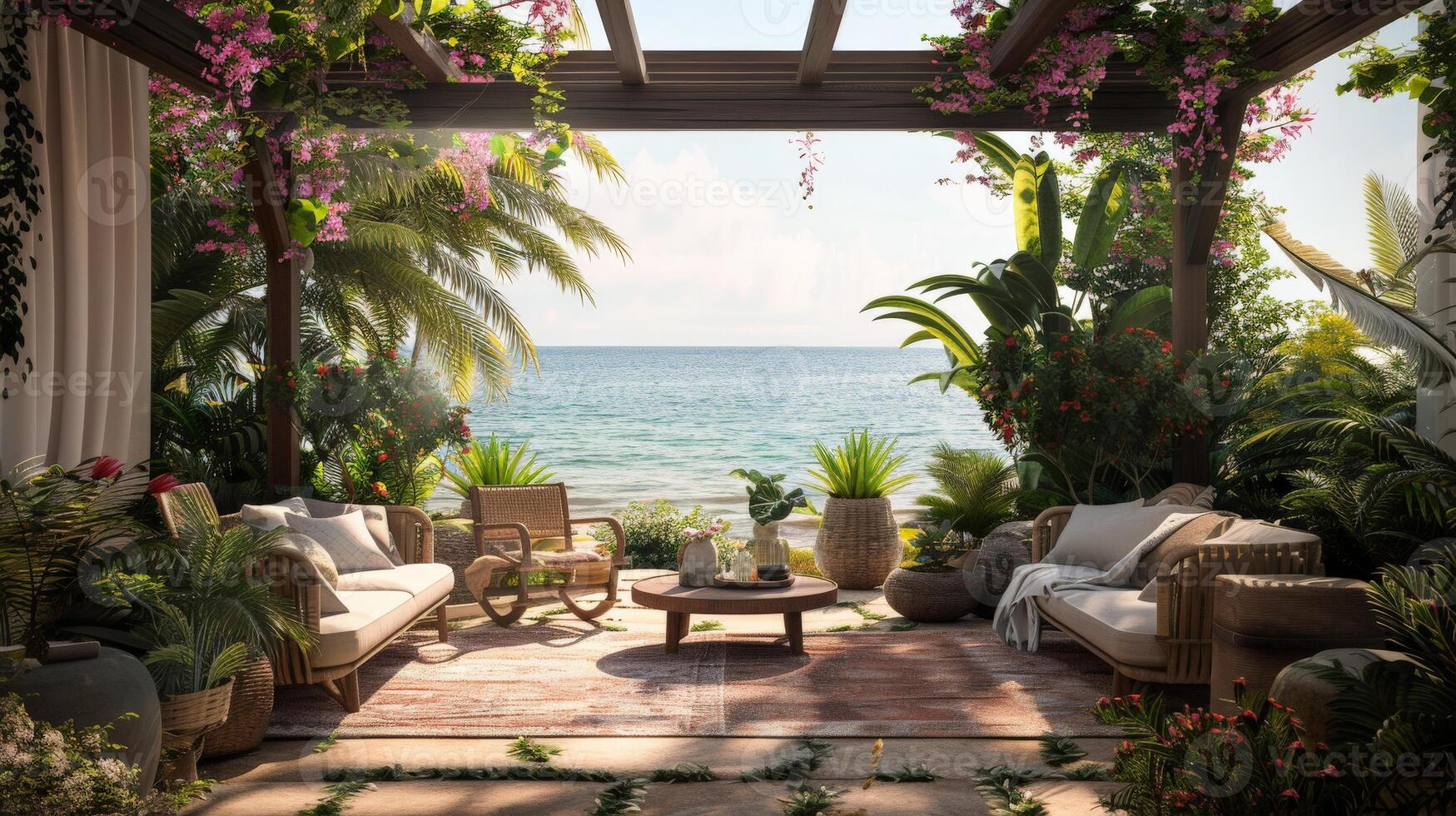 A relaxing patio overlooking the ocean with comfortable seating and lush tropical plants photo