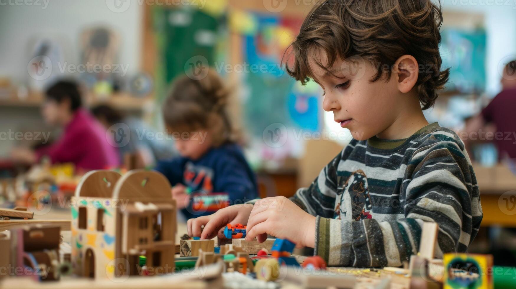 A young boy focuses intently on building a structure out of wooden blocks photo